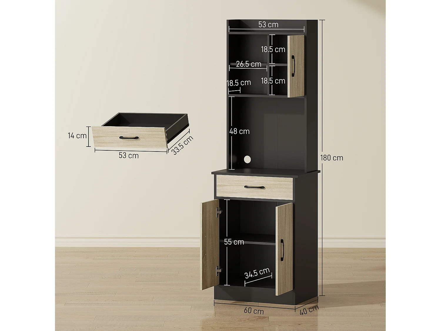 Credenza cucina 180 cm mobile dispensa con foro passacavi e piano portamicroonde
