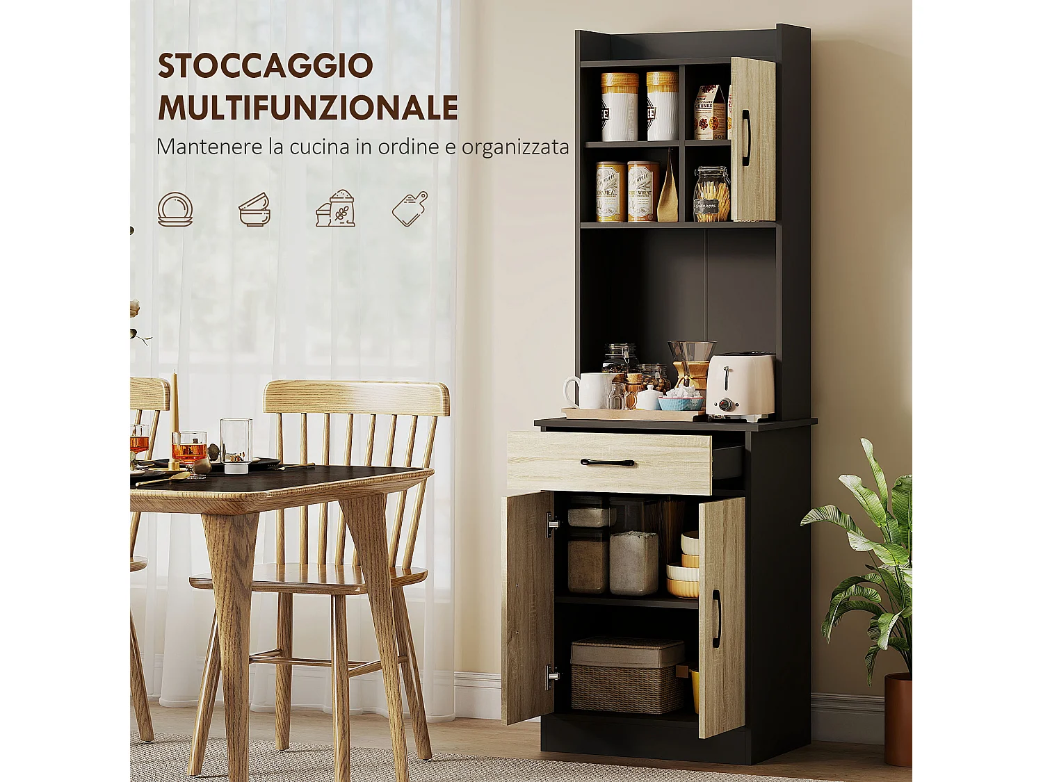 Credenza cucina 180 cm mobile dispensa con foro passacavi e piano portamicroonde