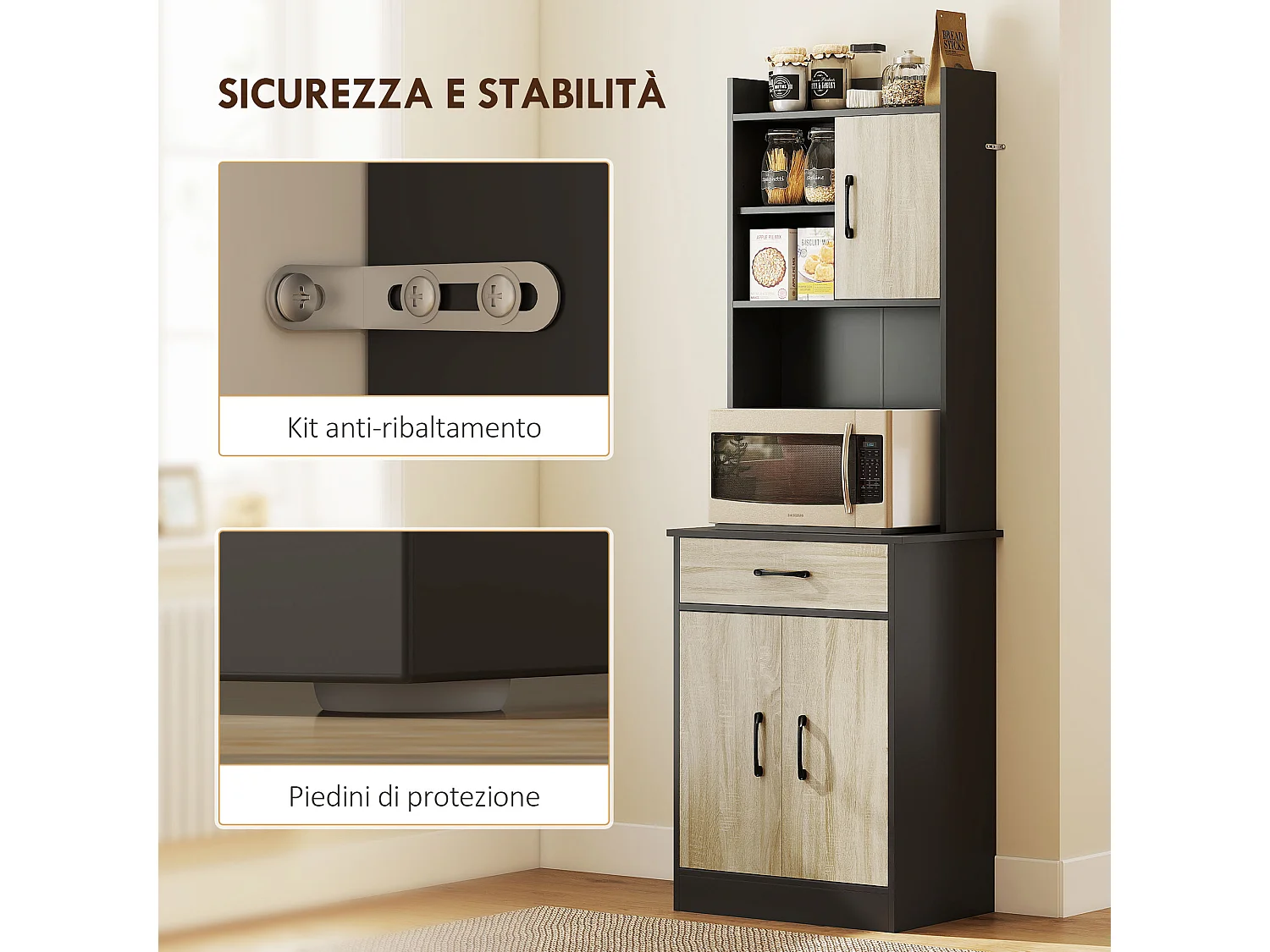Credenza cucina 180 cm mobile dispensa con foro passacavi e piano portamicroonde