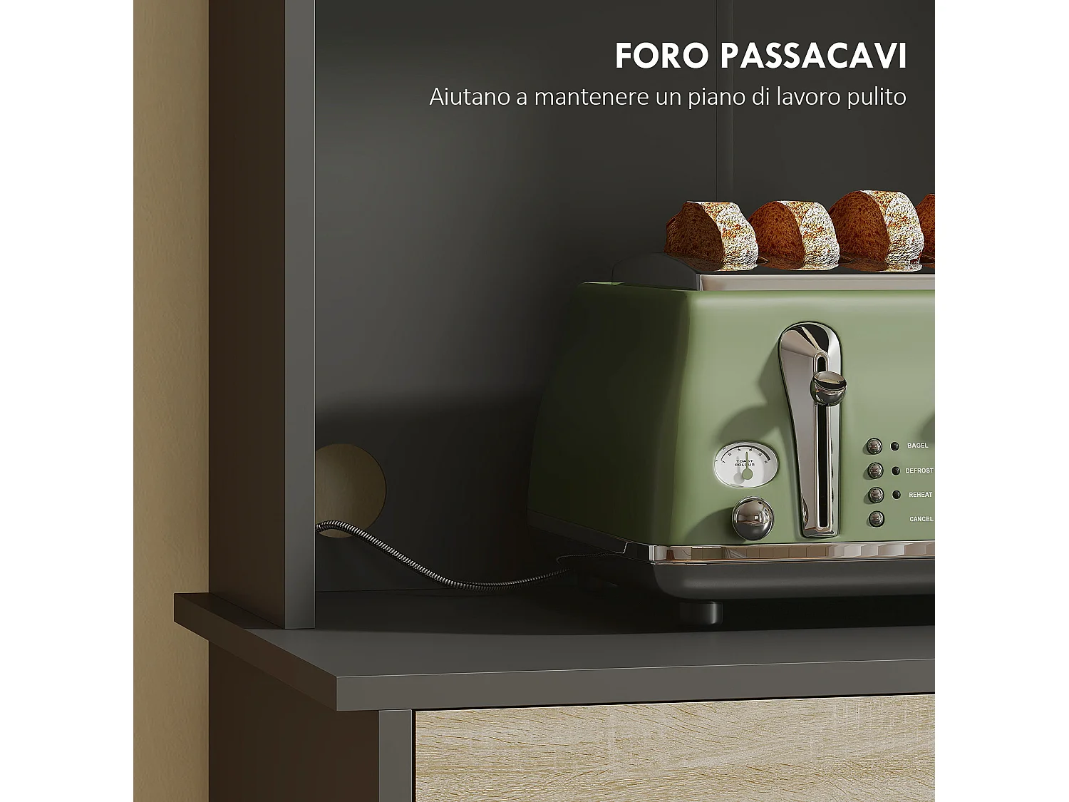 Credenza cucina 180 cm mobile dispensa con foro passacavi e piano portamicroonde