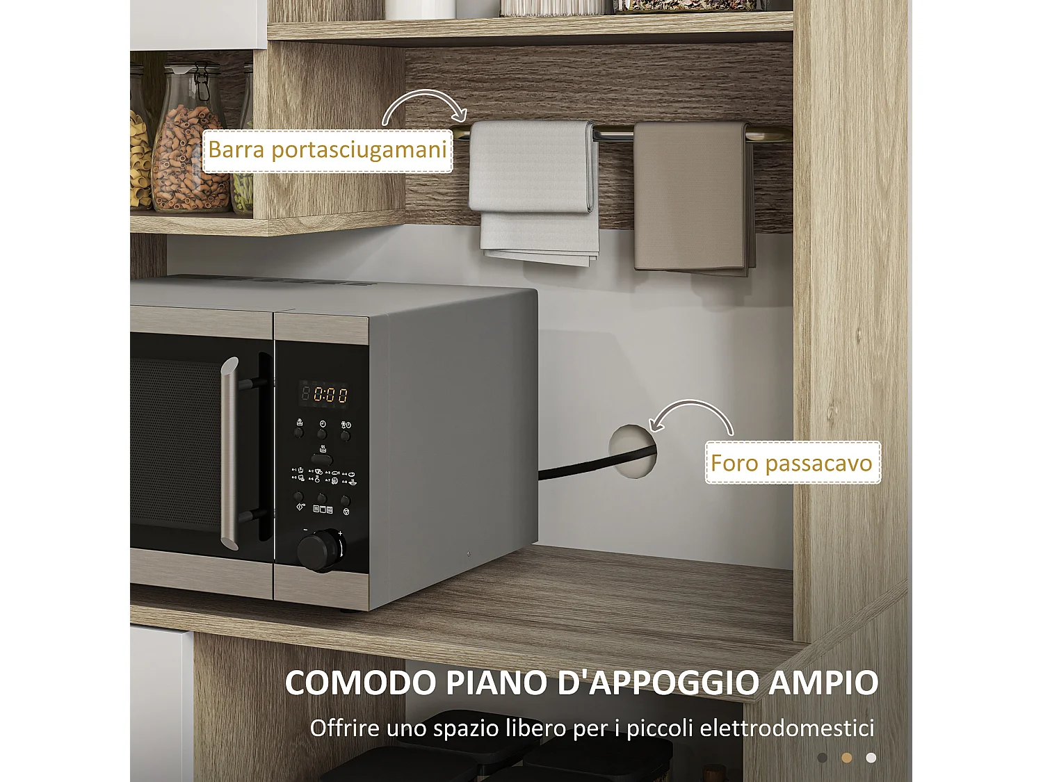 Credenza cucina alta con cassetto 3 armadietti e 4 scomparti aperti