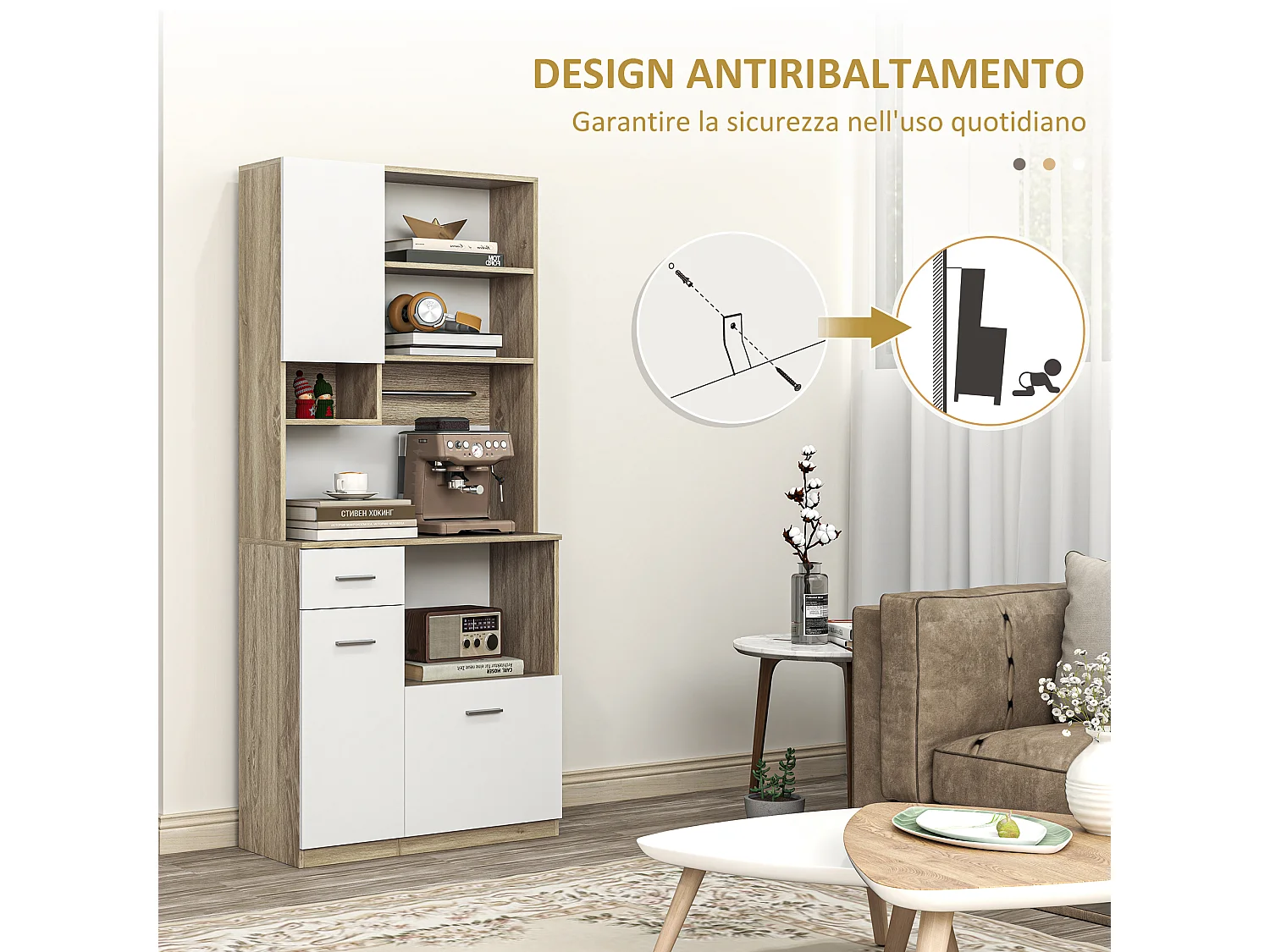Credenza cucina alta con cassetto 3 armadietti e 4 scomparti aperti