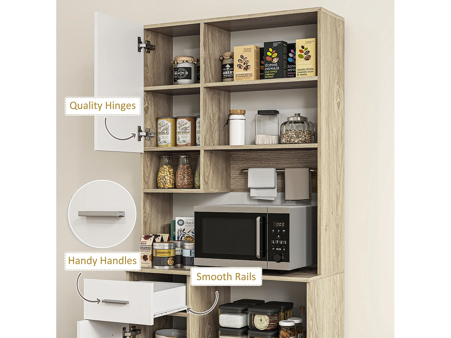 Credenza cucina alta con cassetto 3 armadietti e 4 scomparti aperti