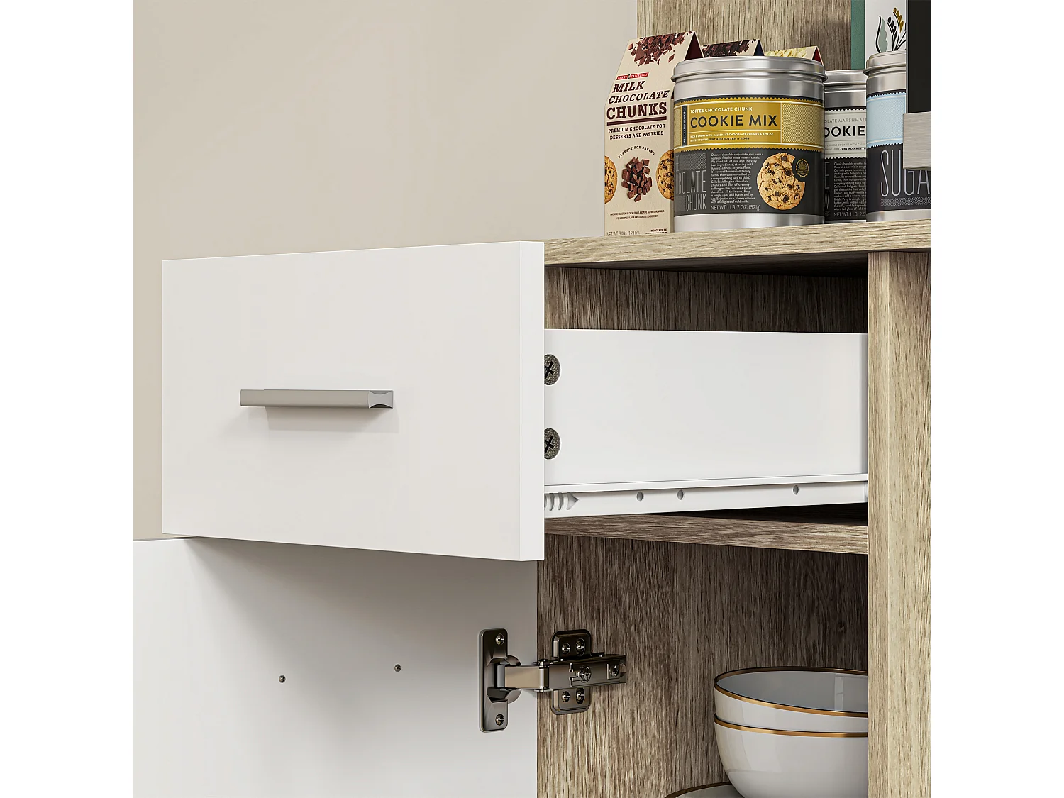 Credenza cucina alta con cassetto 3 armadietti e 4 scomparti aperti