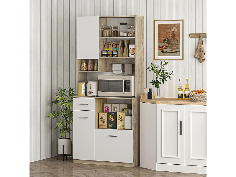 Credenza cucina alta con cassetto 3 armadietti e 4 scomparti aperti