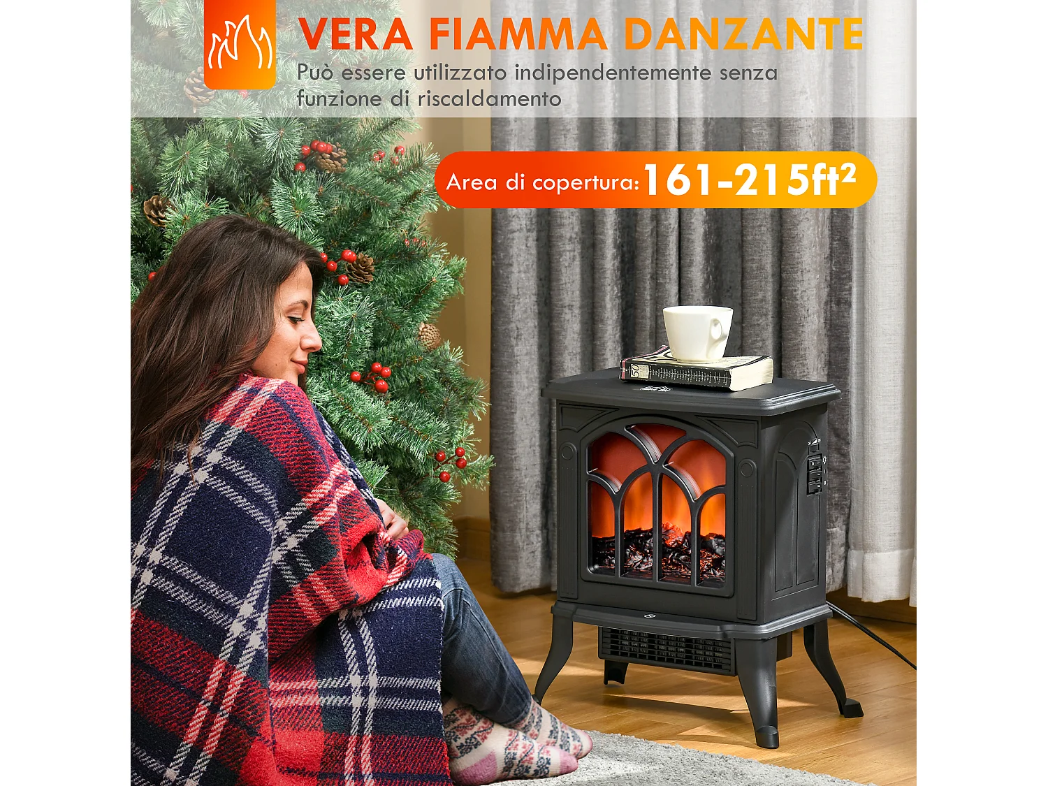 Camino elettrico da terra stile vintage con effetto fiamma nero