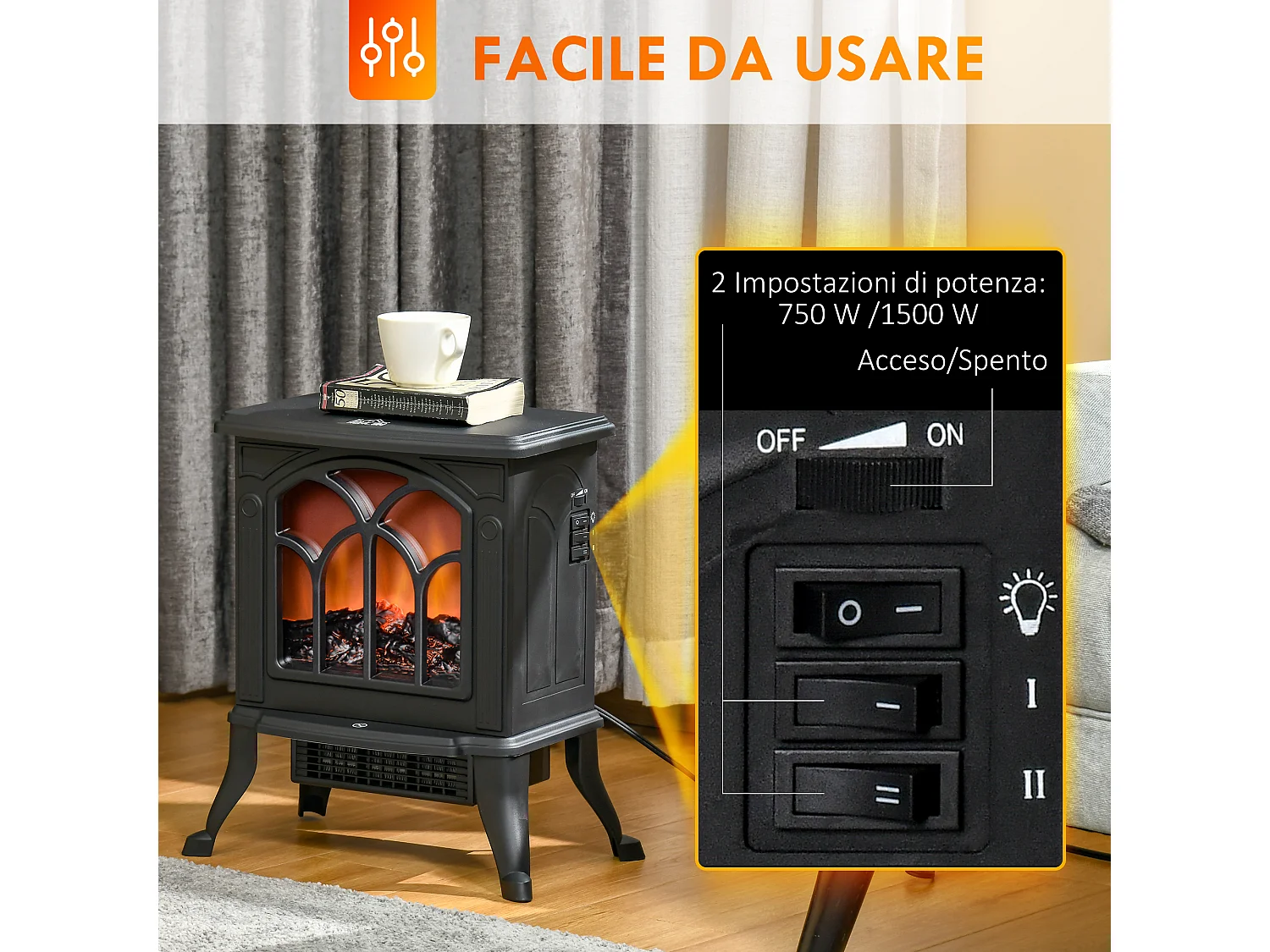 Camino elettrico da terra stile vintage con effetto fiamma nero