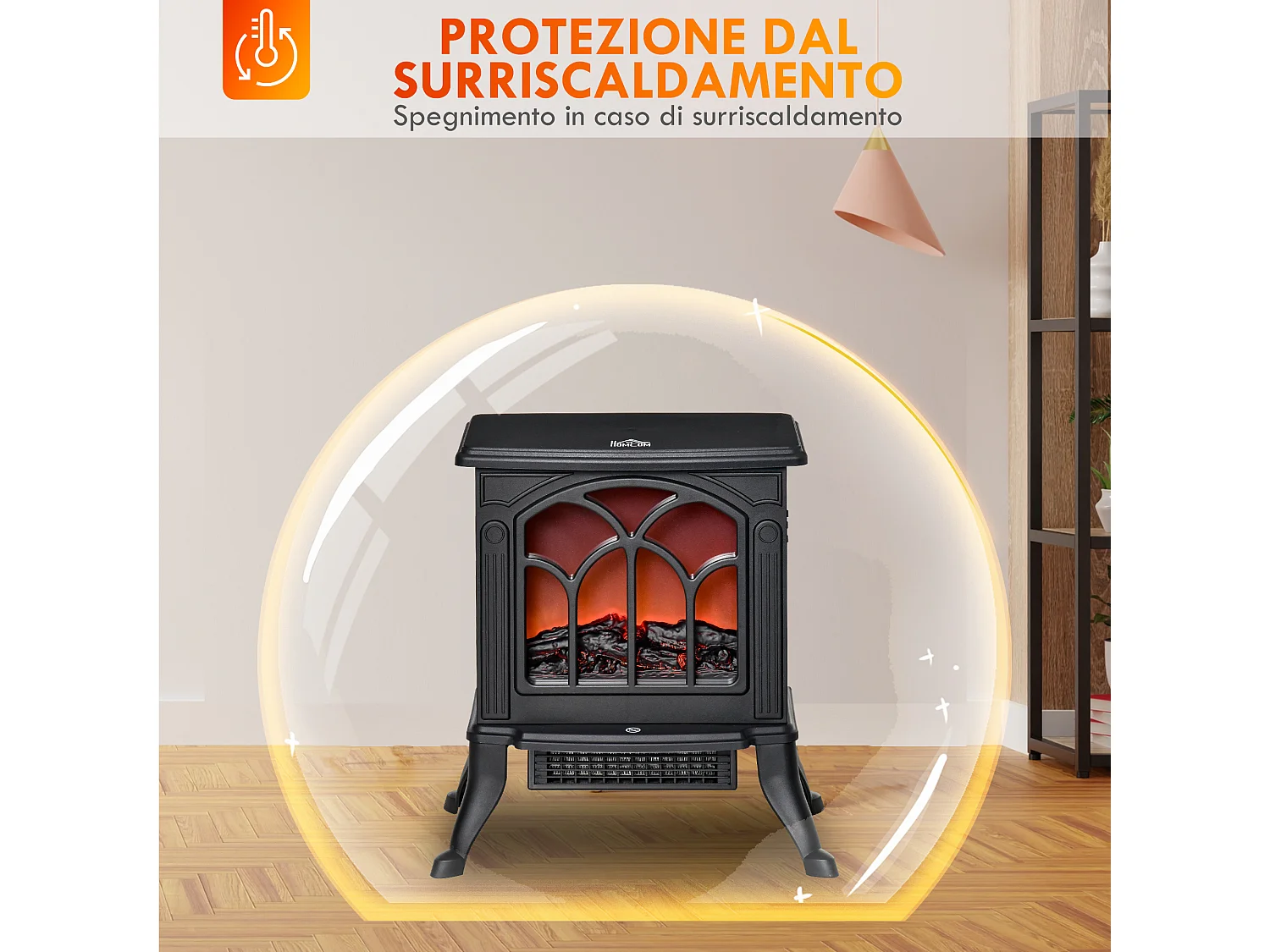 Camino elettrico da terra stile vintage con effetto fiamma nero