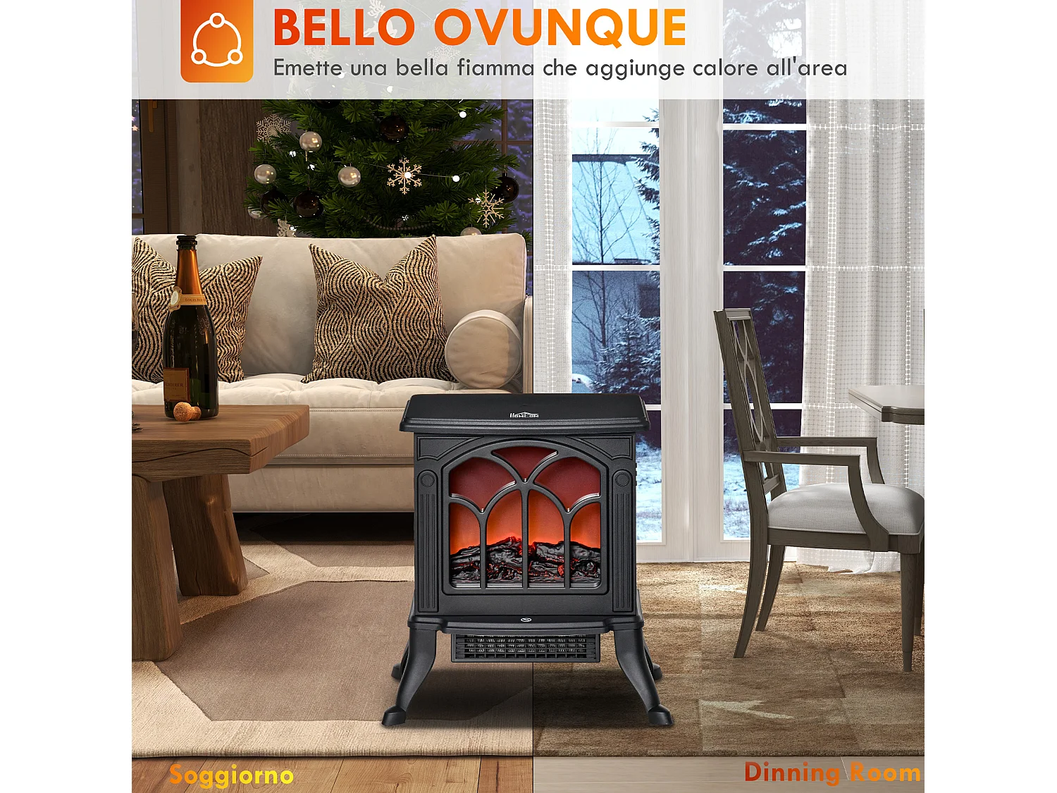 Camino elettrico da terra stile vintage con effetto fiamma nero