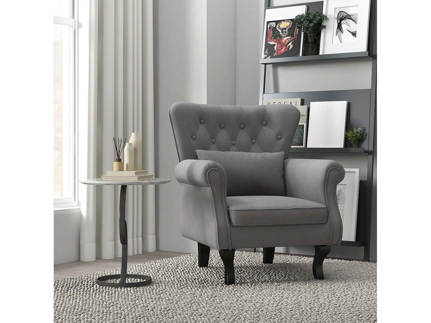 Poltrona da salotto vintage con cuscino lombare in tessuto grigio