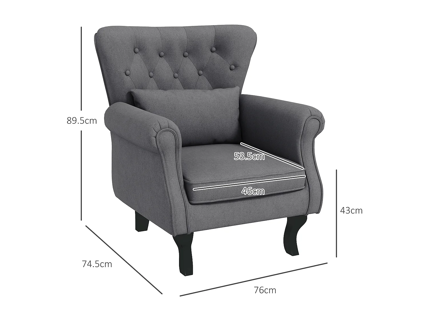 Poltrona da salotto vintage con cuscino lombare in tessuto grigio