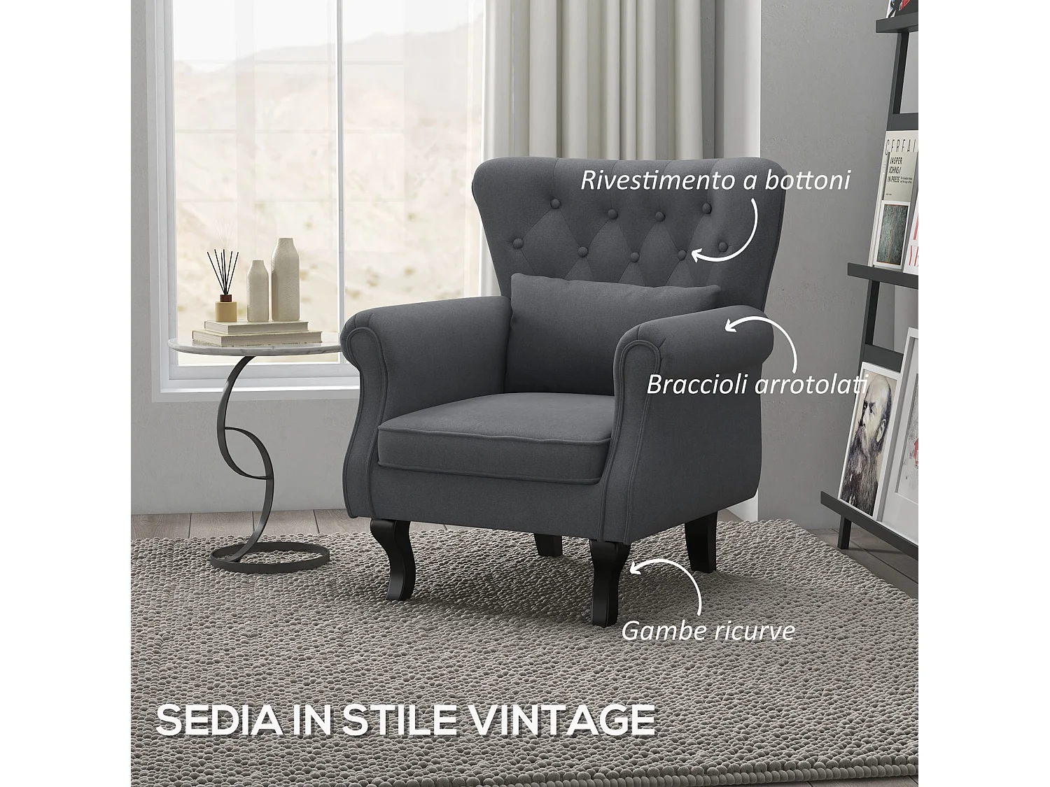 Poltrona da salotto vintage con cuscino lombare in tessuto grigio