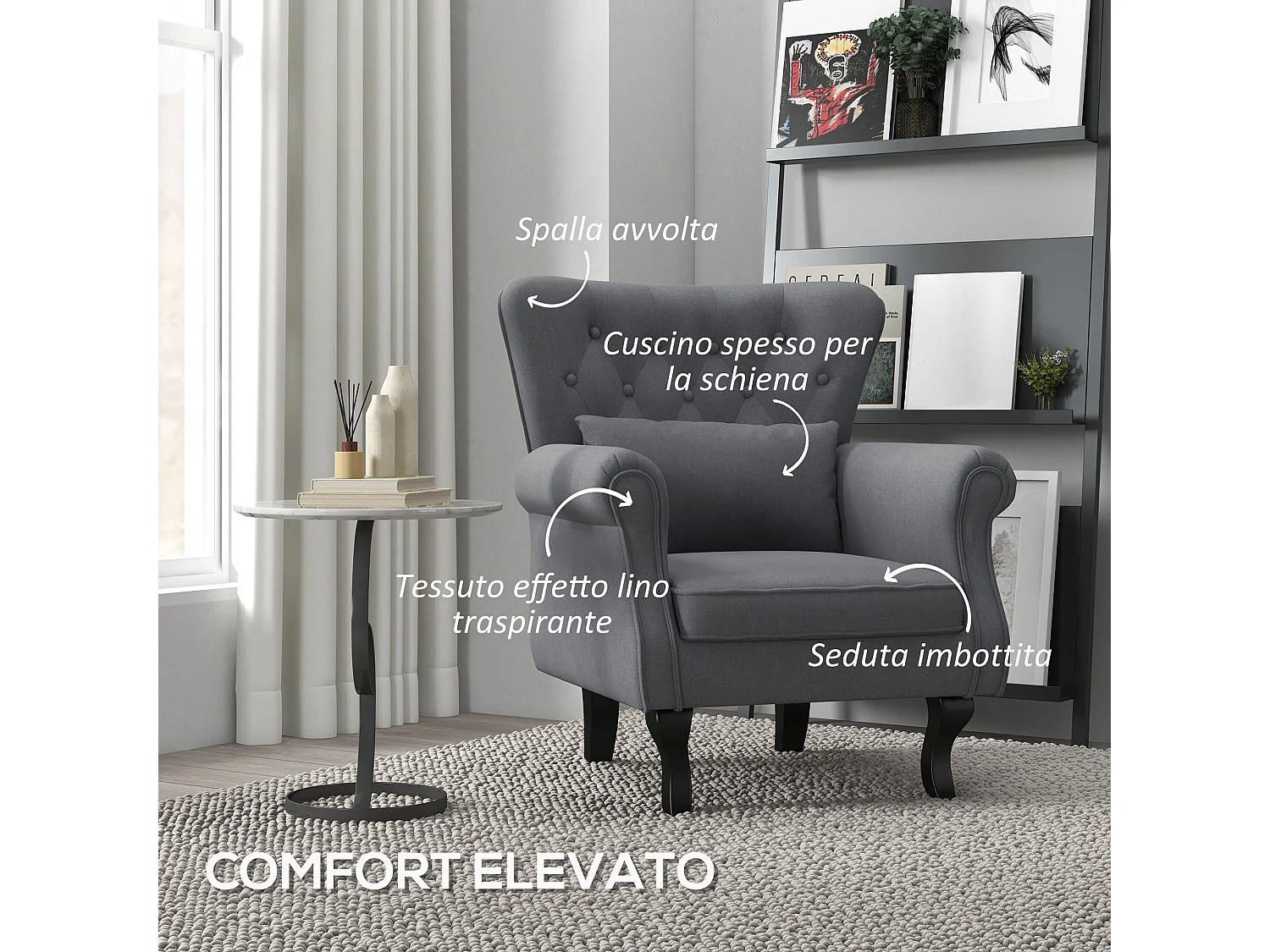 Poltrona da salotto vintage con cuscino lombare in tessuto grigio