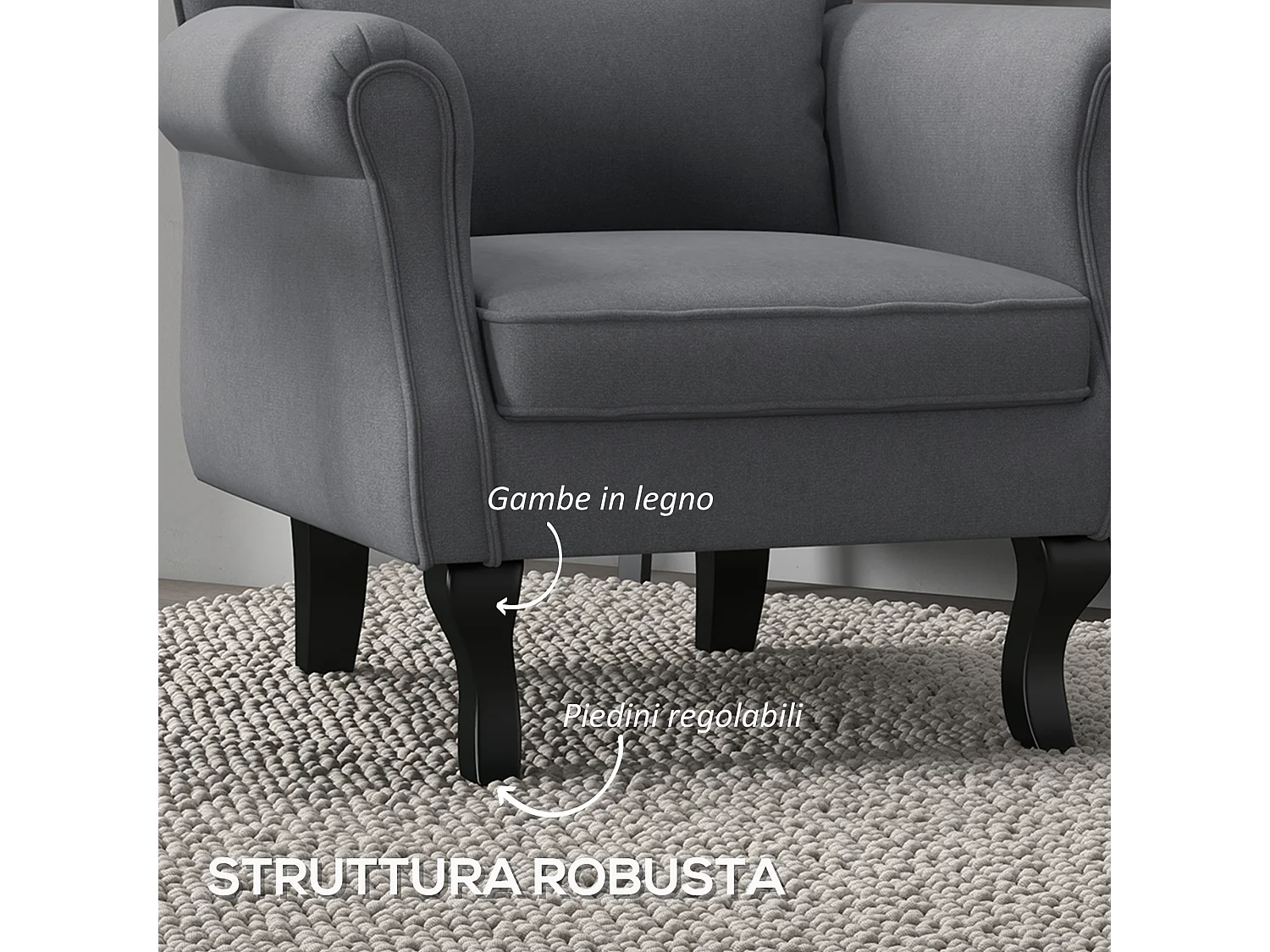 Poltrona da salotto vintage con cuscino lombare in tessuto grigio