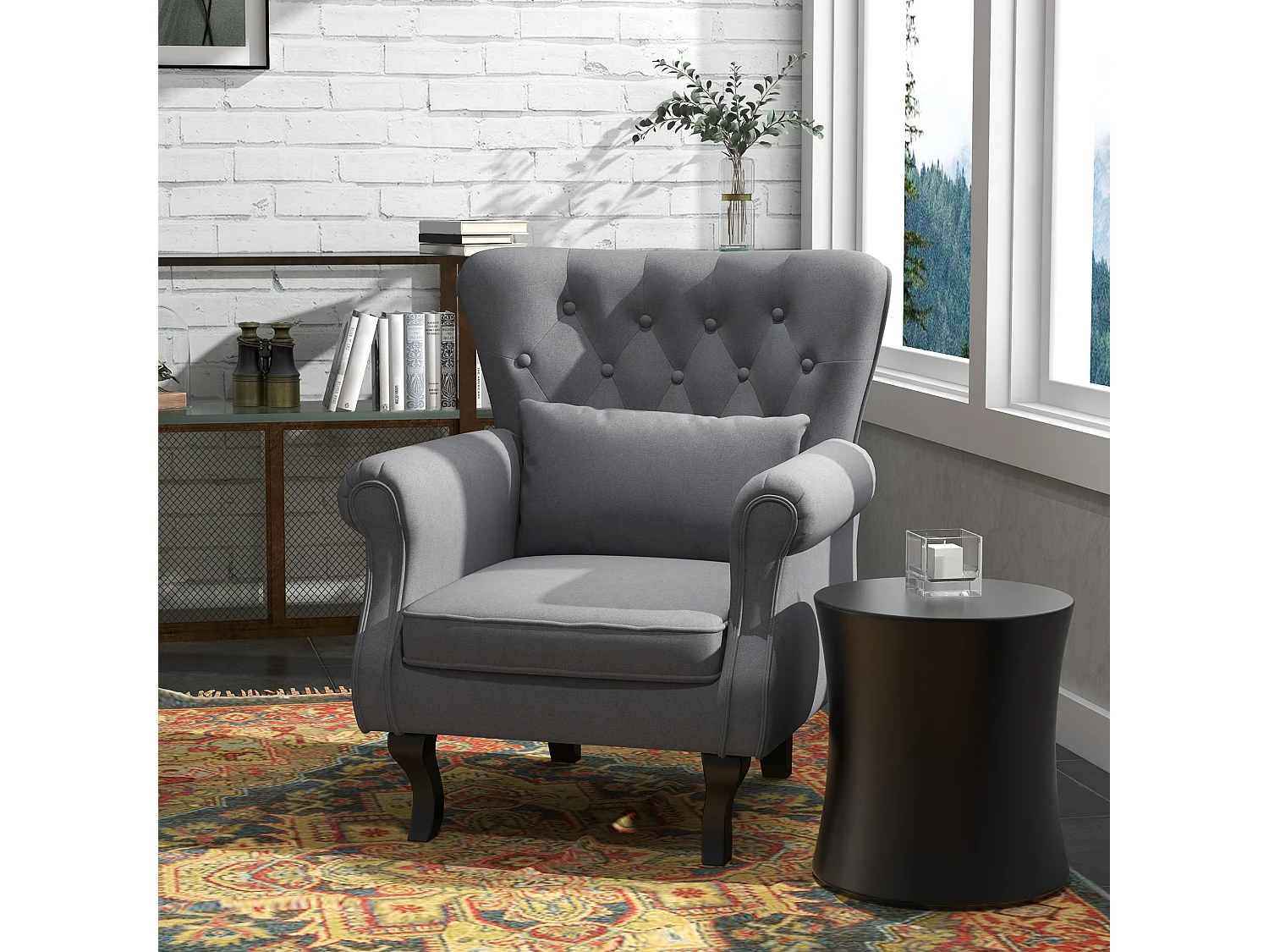 Poltrona da salotto vintage con cuscino lombare in tessuto grigio