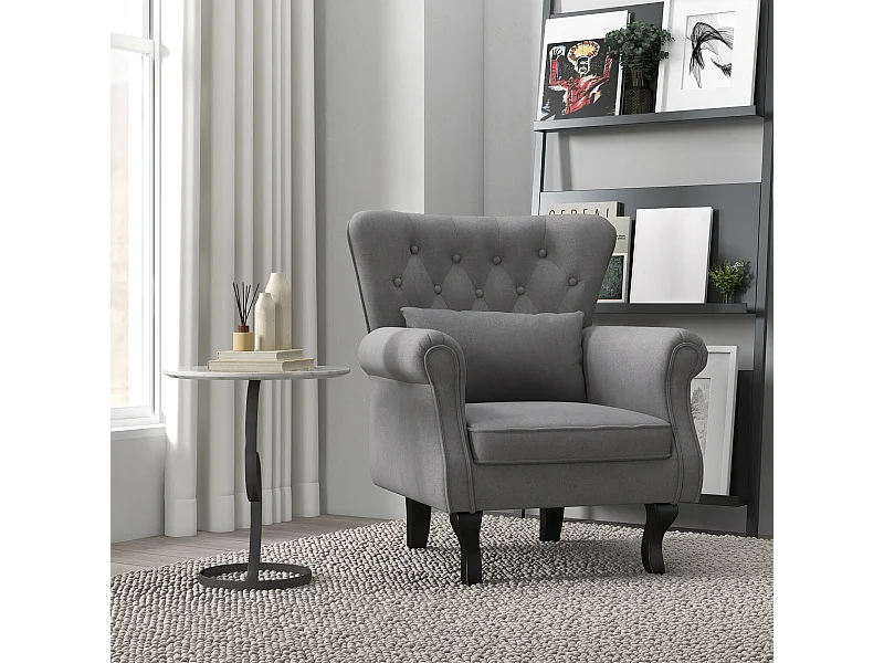 Poltrona da salotto vintage con cuscino lombare in tessuto grigio