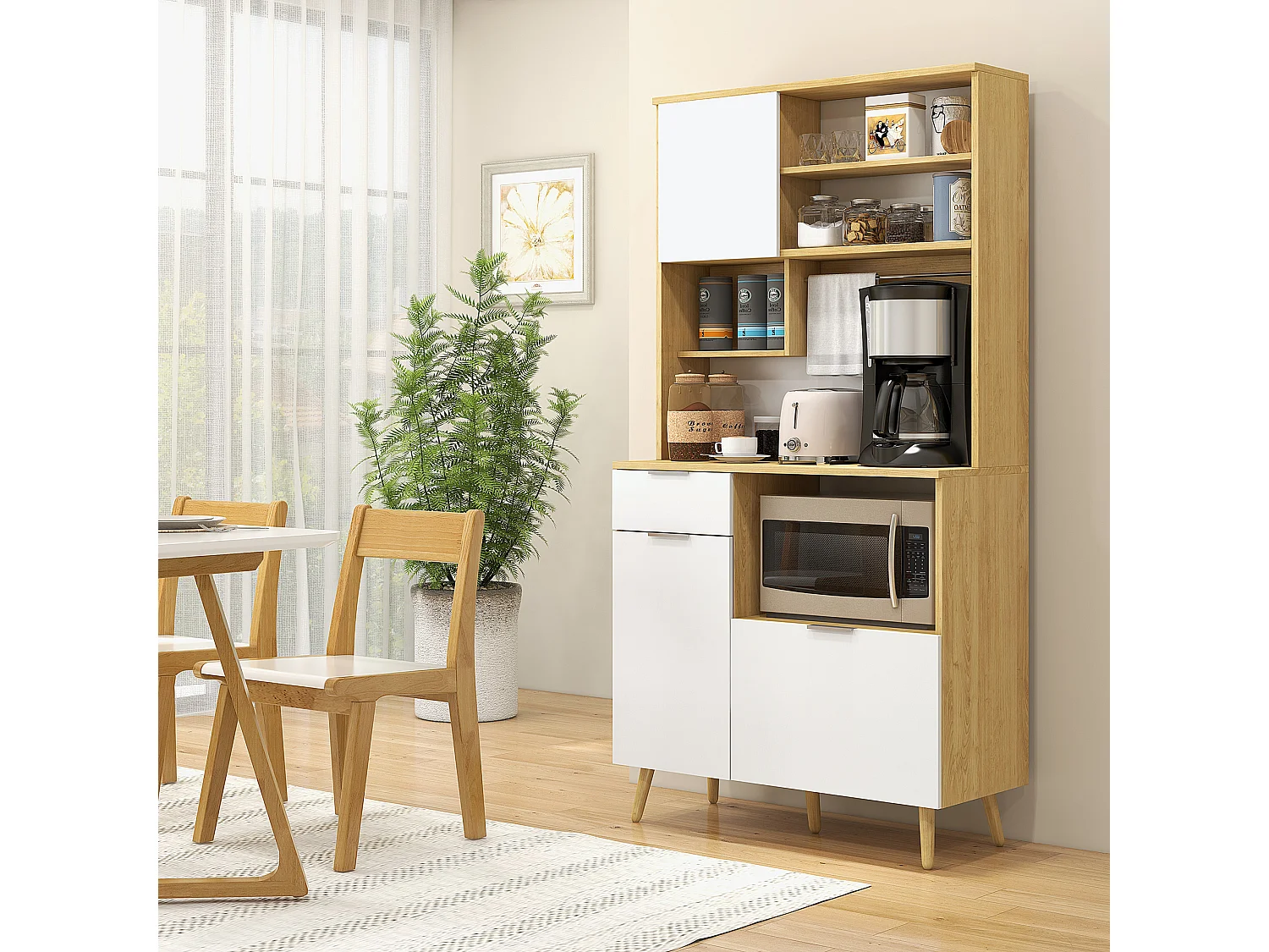 Dispensa da cucina in truciolato e legno di pino con armadietti, cassetti