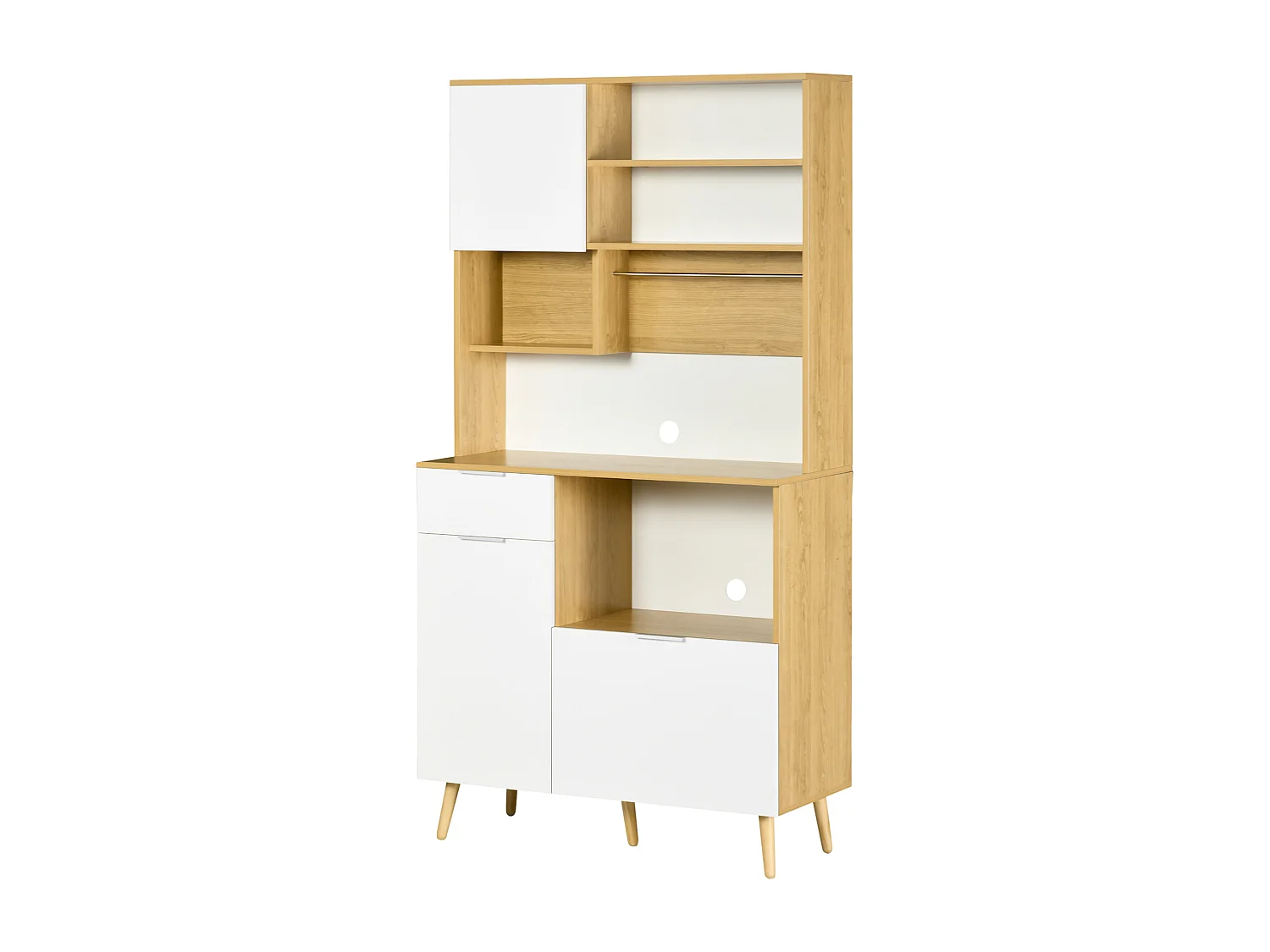 Dispensa da cucina in truciolato e legno di pino con armadietti, cassetti