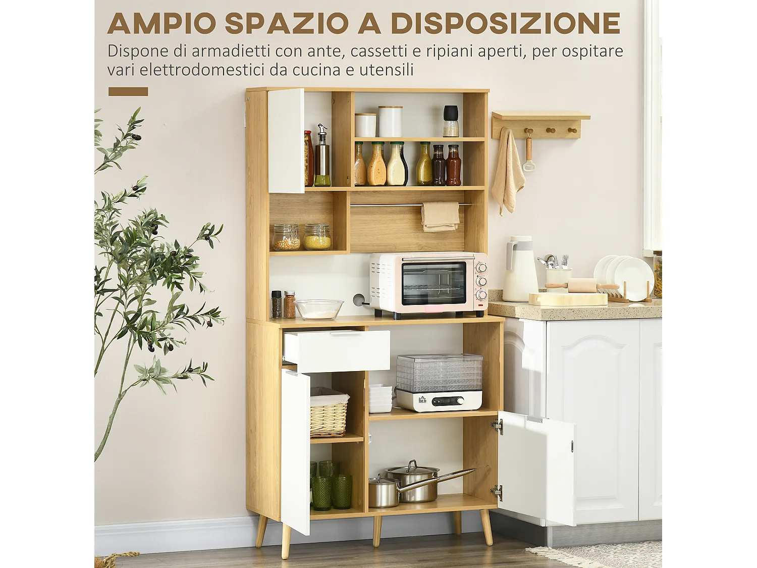 Dispensa da cucina in truciolato e legno di pino con armadietti, cassetti