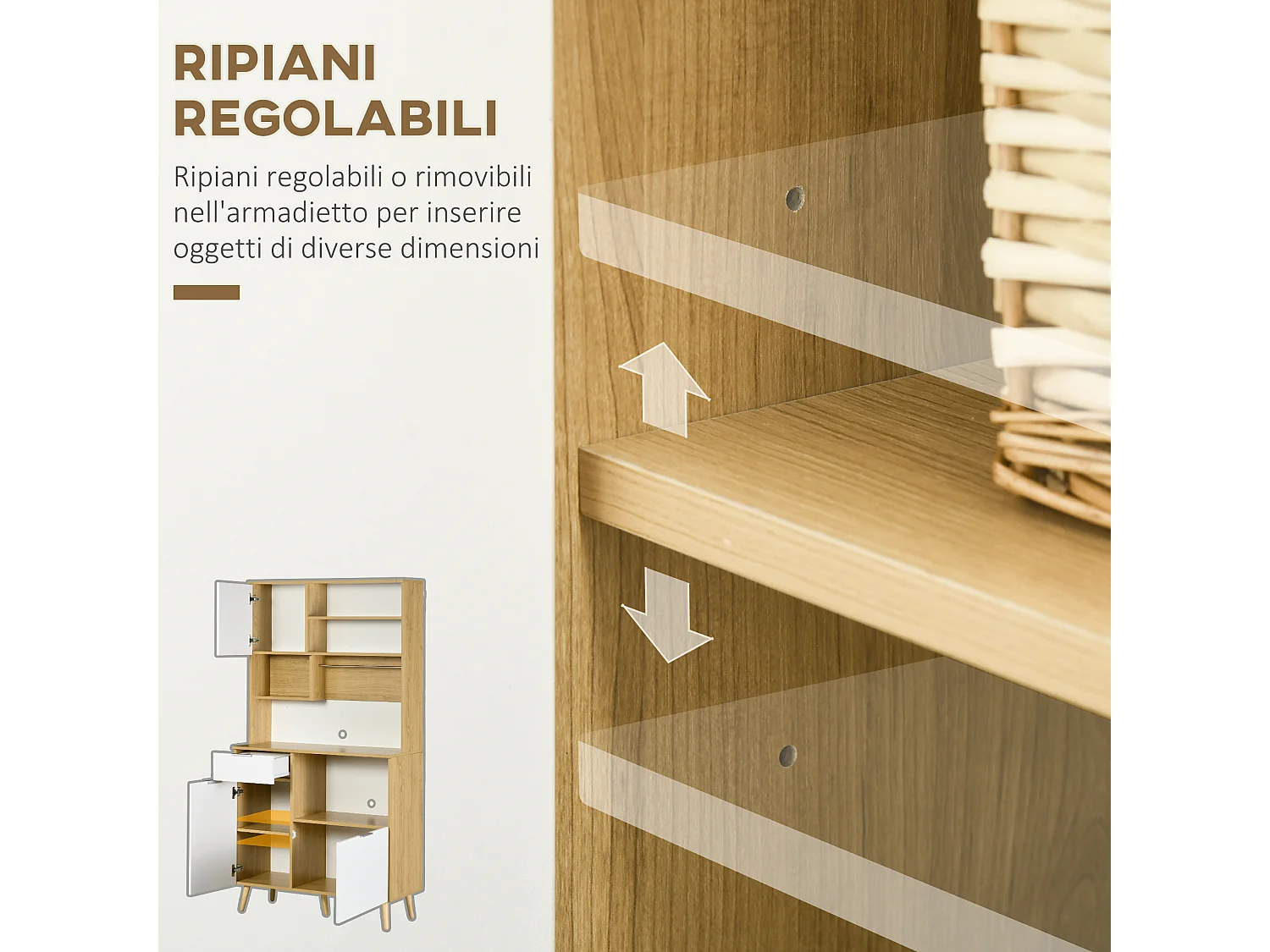 Dispensa da cucina in truciolato e legno di pino con armadietti, cassetti