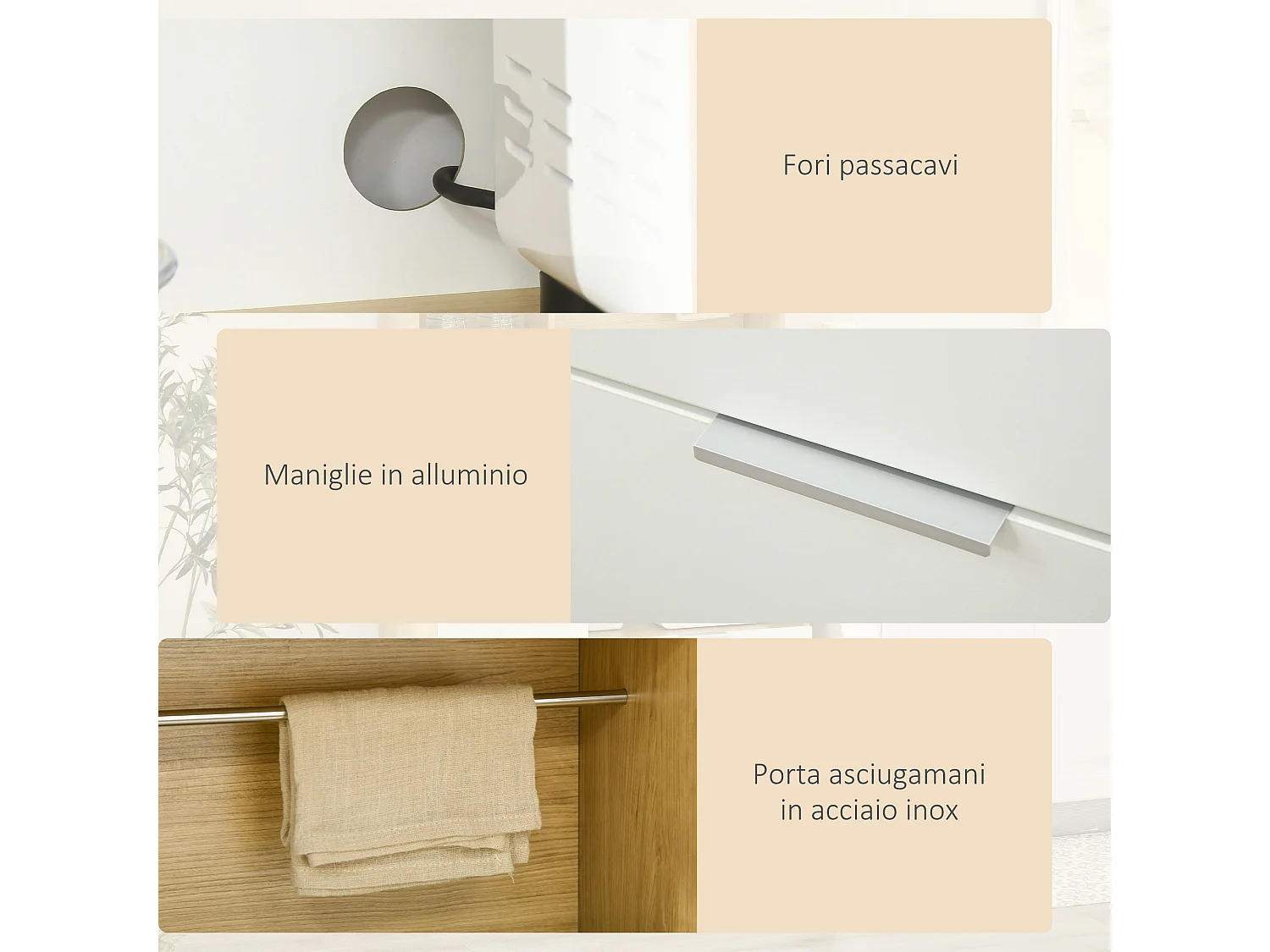 Dispensa da cucina in truciolato e legno di pino con armadietti, cassetti