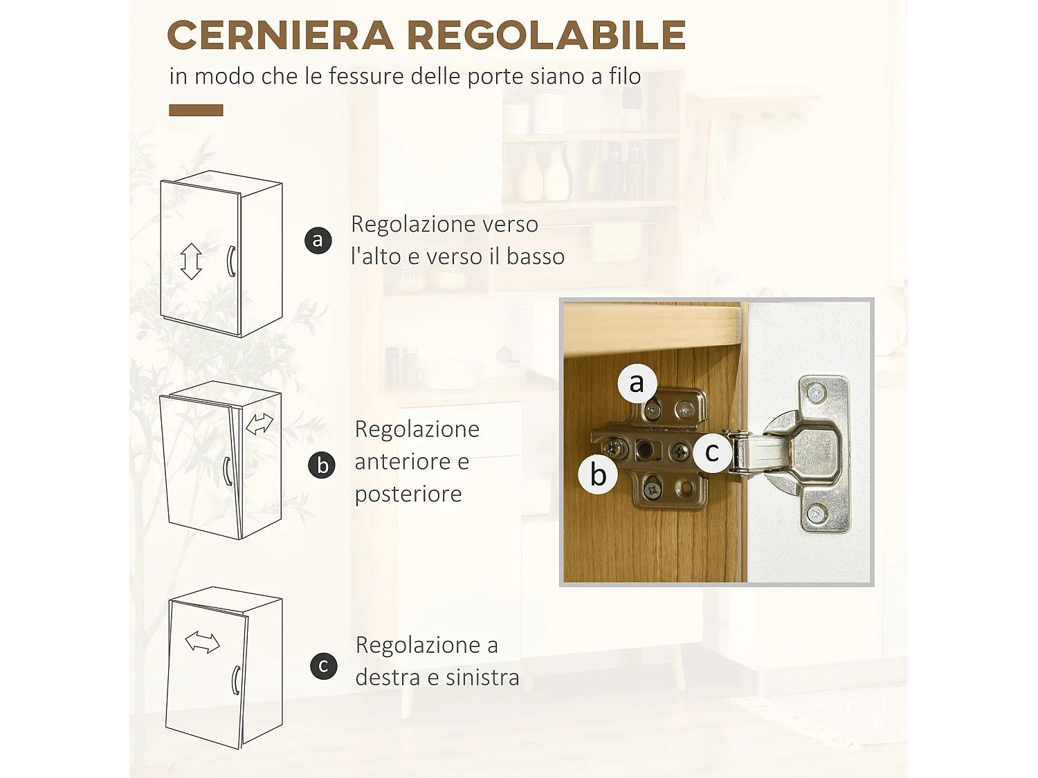 Dispensa da cucina in truciolato e legno di pino con armadietti, cassetti