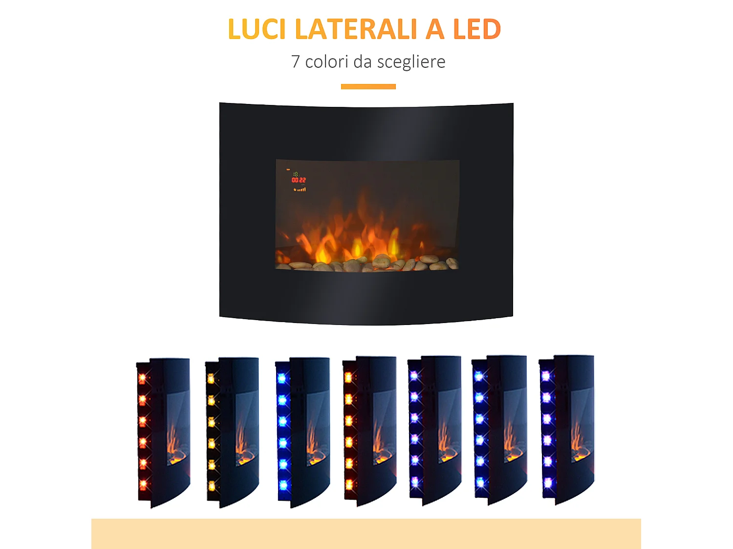 Camino elettrico 900-1800w con fiamma 7 colori e telecomando