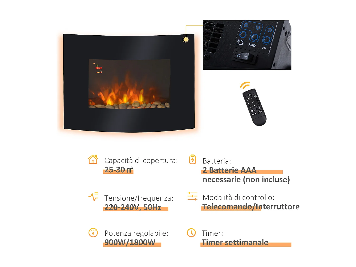 Camino elettrico 900-1800w con fiamma 7 colori e telecomando