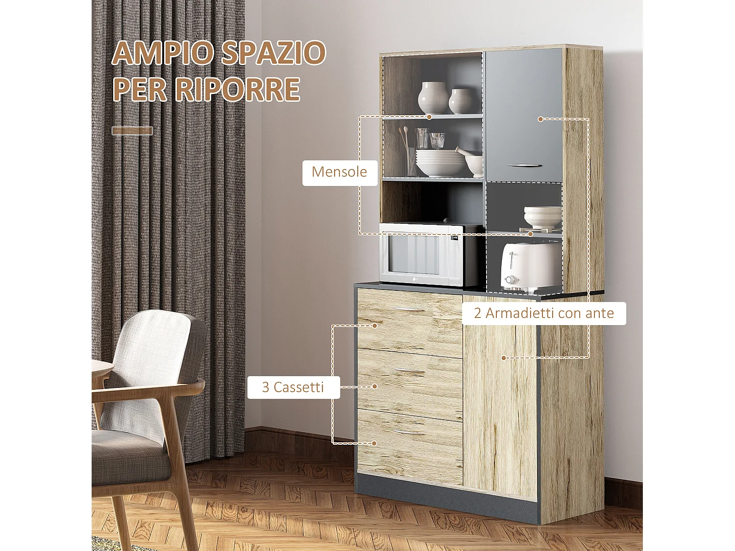 Credenza moderna da cucina con ripiani cassetti e ante 90x39x169 cm