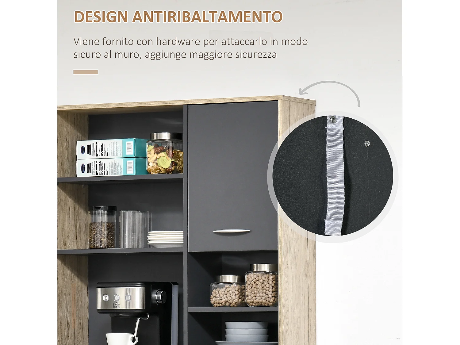 Credenza moderna da cucina con ripiani cassetti e ante 90x39x169 cm