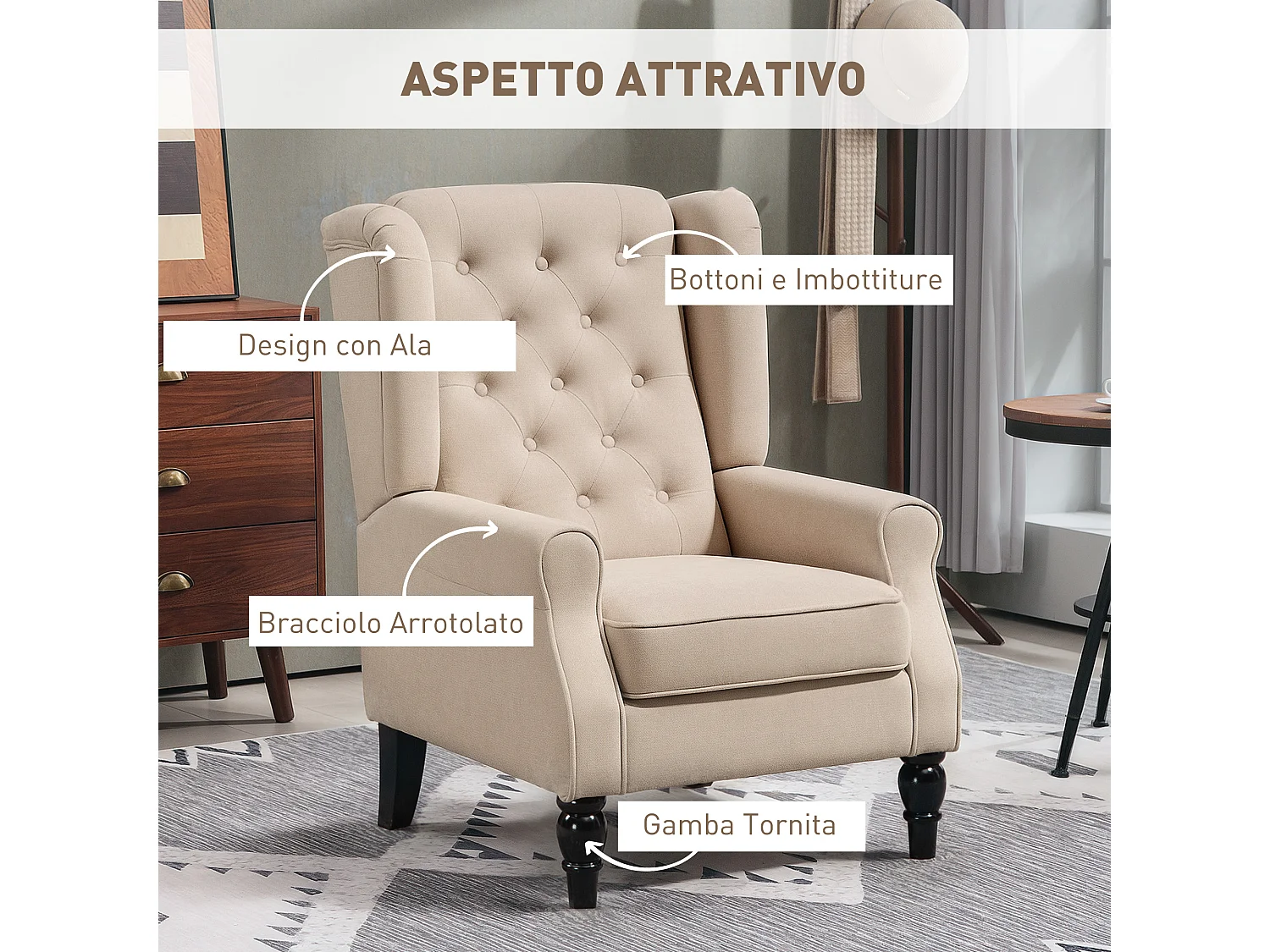 Poltrona per salotto e camera in stile francese con cuscini beige