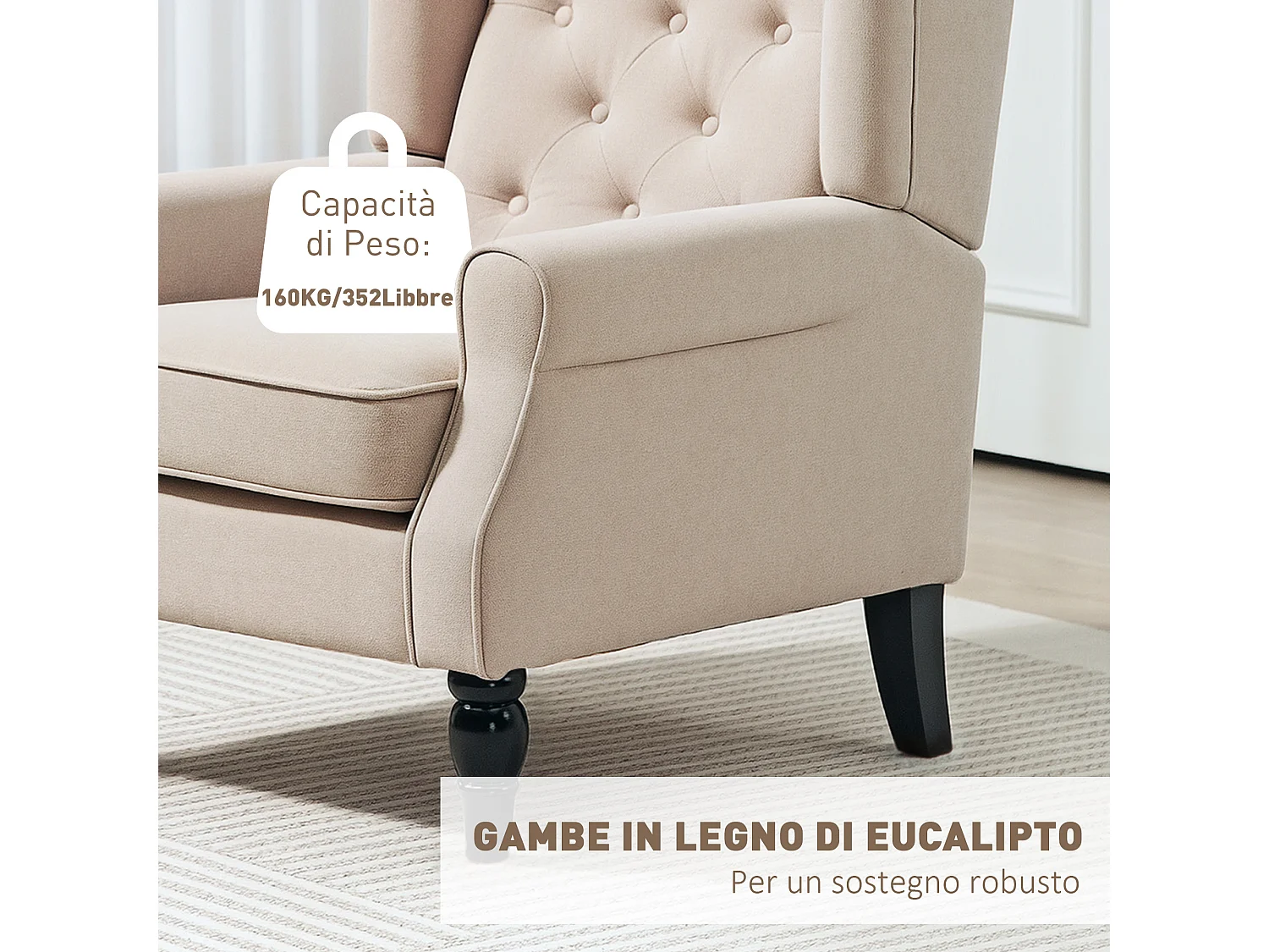 Poltrona per salotto e camera in stile francese con cuscini beige