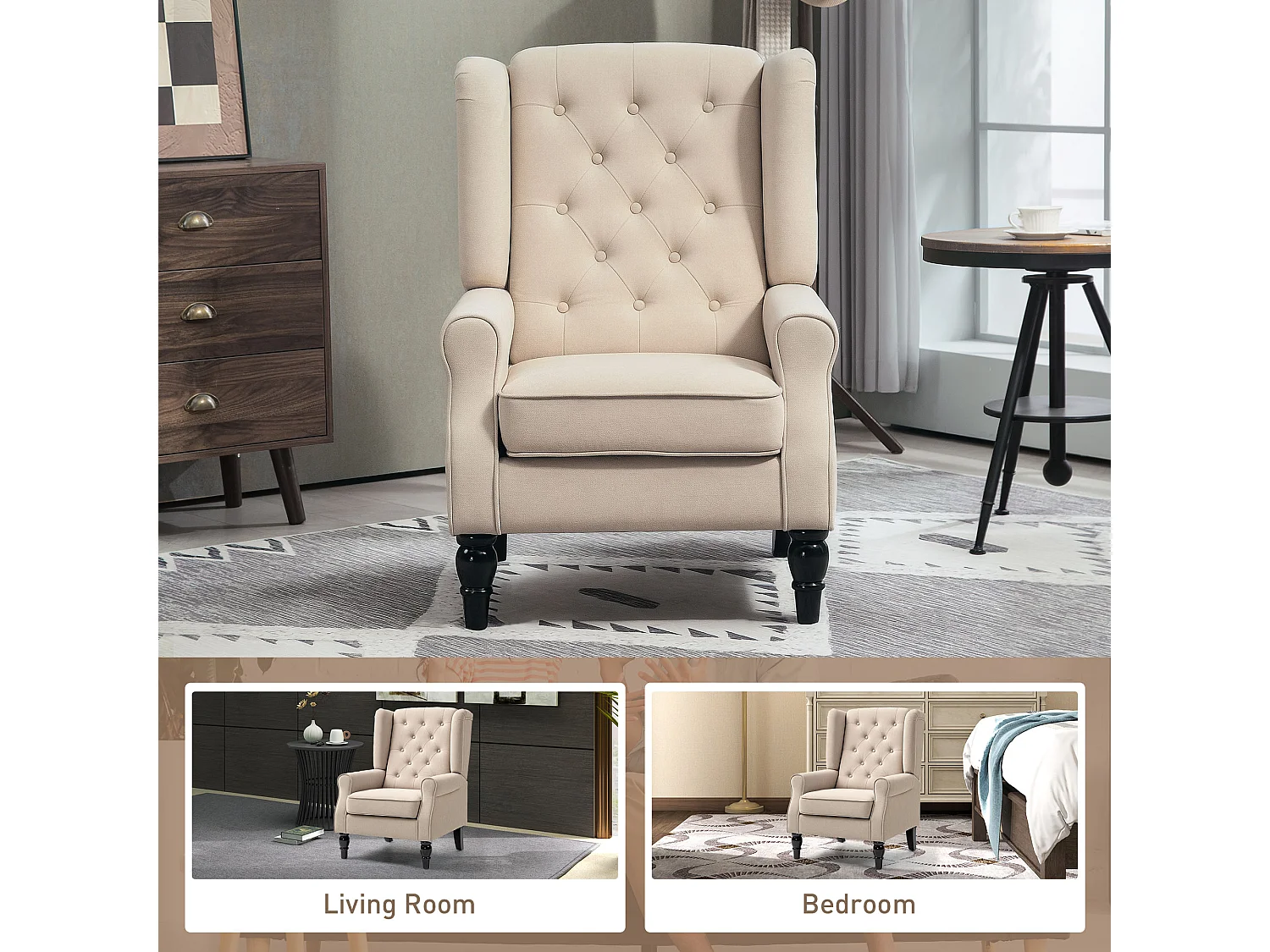 Poltrona per salotto e camera in stile francese con cuscini beige