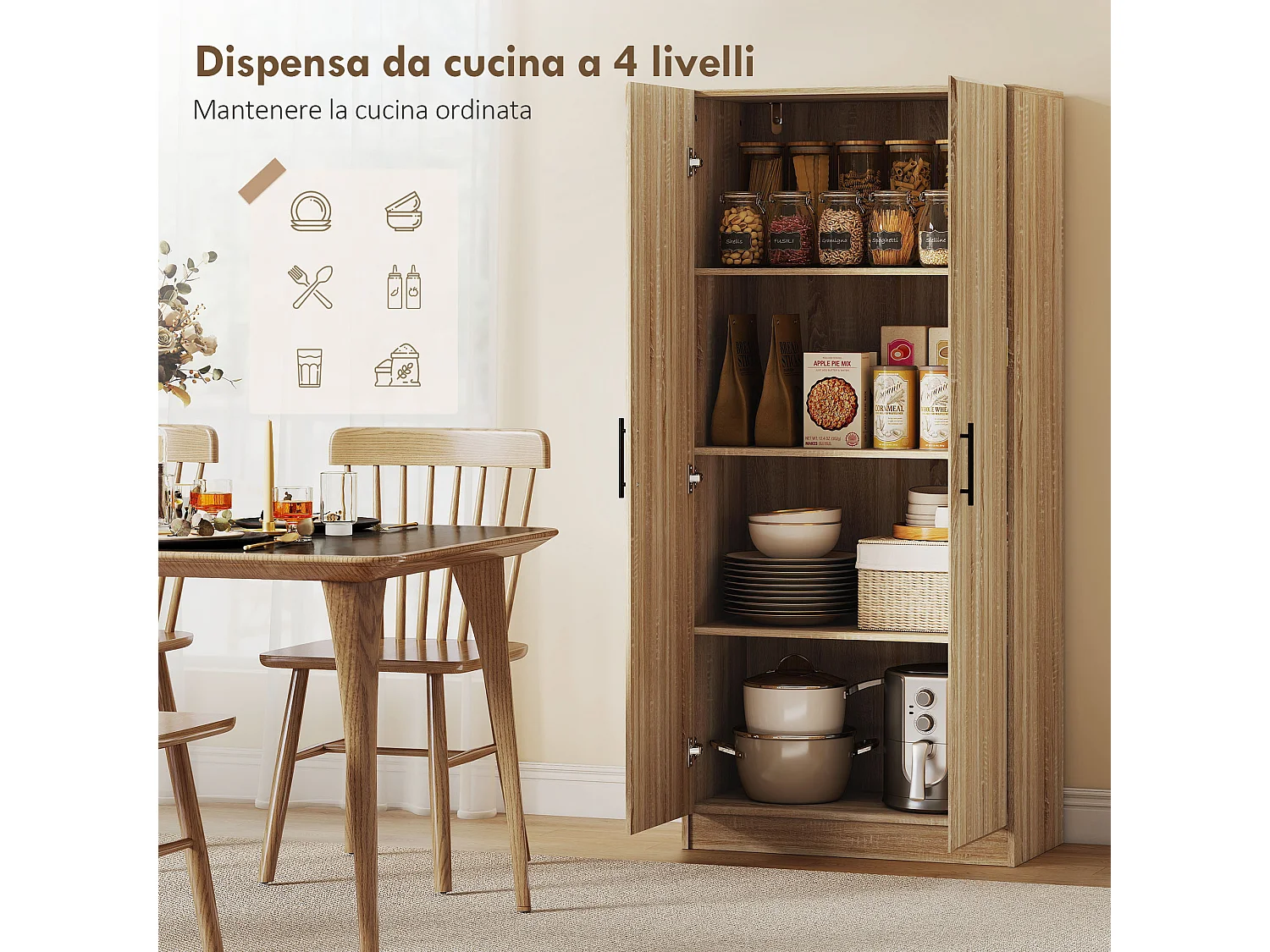 Credenza cucina con ante a chiusura ammortizzata dispensa cucina con 2 ripiani regolabili