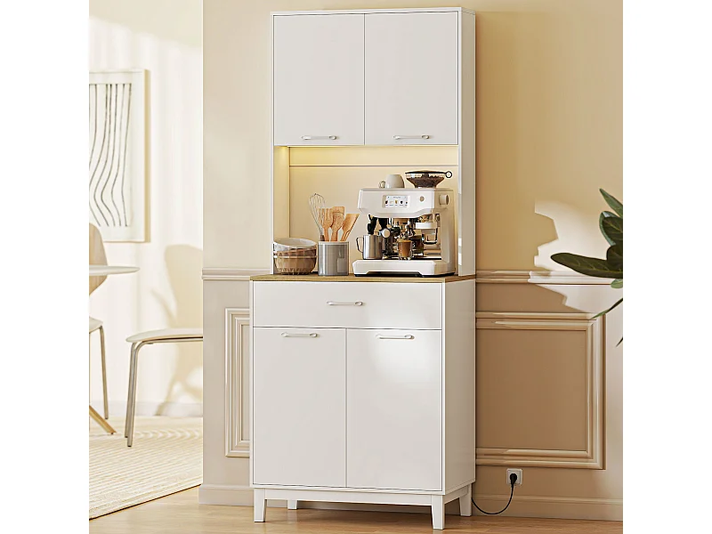 Credenza cucina, mobile dispensa con luci led e stazione di ricarica con usb,