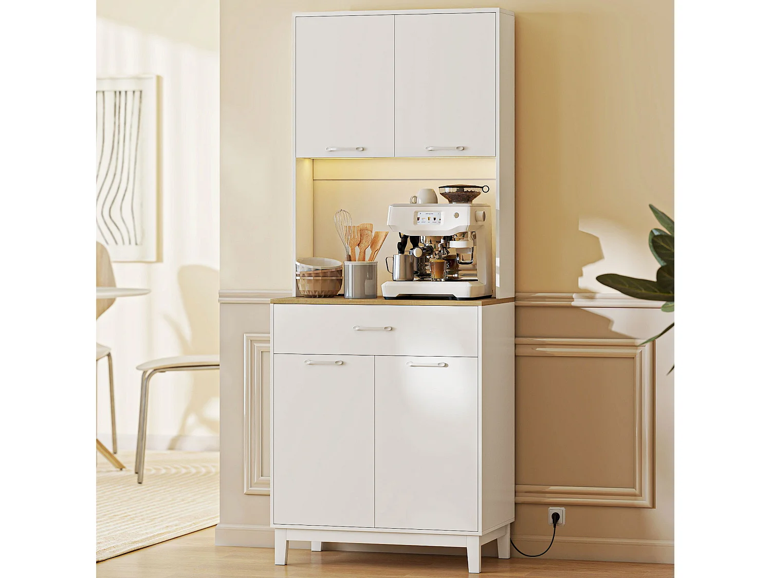 Credenza cucina, mobile dispensa con luci led e stazione di ricarica con usb,