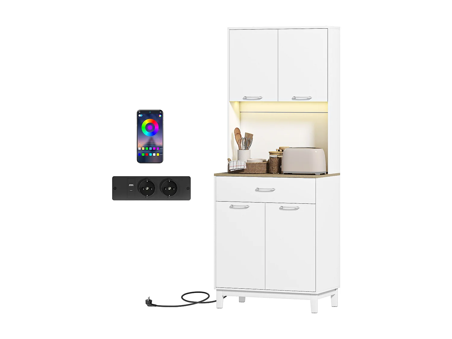 Credenza cucina, mobile dispensa con luci led e stazione di ricarica con usb,