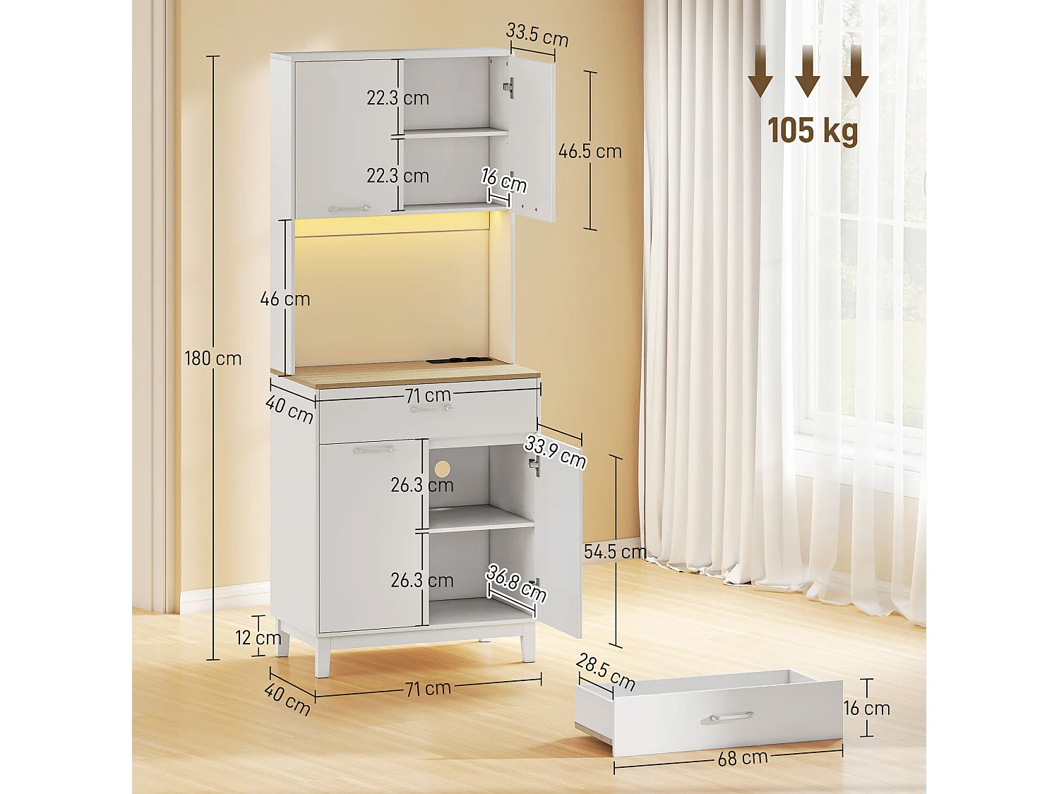Credenza cucina, mobile dispensa con luci led e stazione di ricarica con usb,
