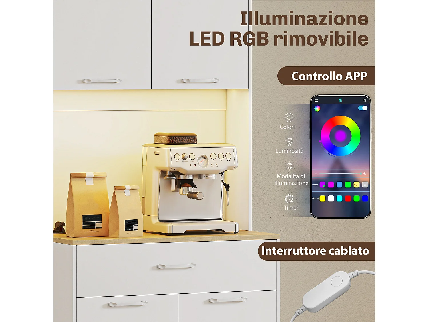 Credenza cucina, mobile dispensa con luci led e stazione di ricarica con usb,