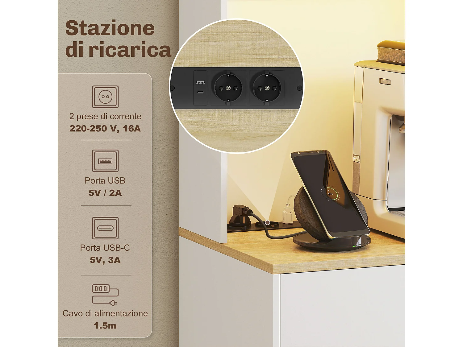 Credenza cucina, mobile dispensa con luci led e stazione di ricarica con usb,
