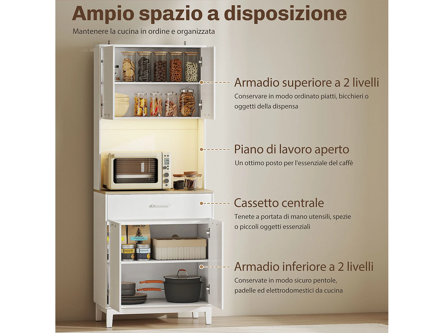 Credenza cucina, mobile dispensa con luci led e stazione di ricarica con usb,