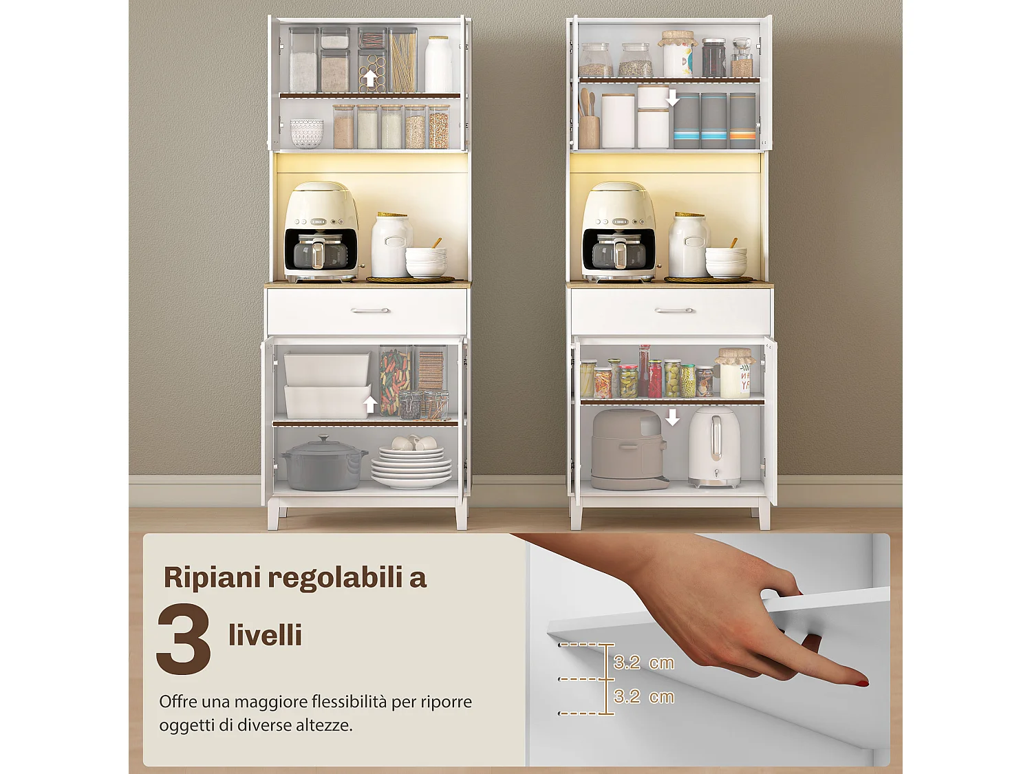 Credenza cucina, mobile dispensa con luci led e stazione di ricarica con usb,