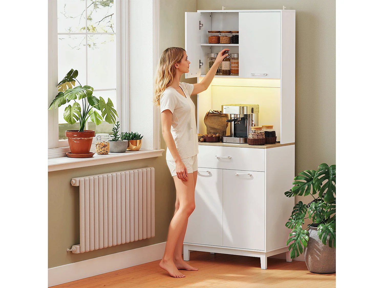 Credenza cucina, mobile dispensa con luci led e stazione di ricarica con usb,