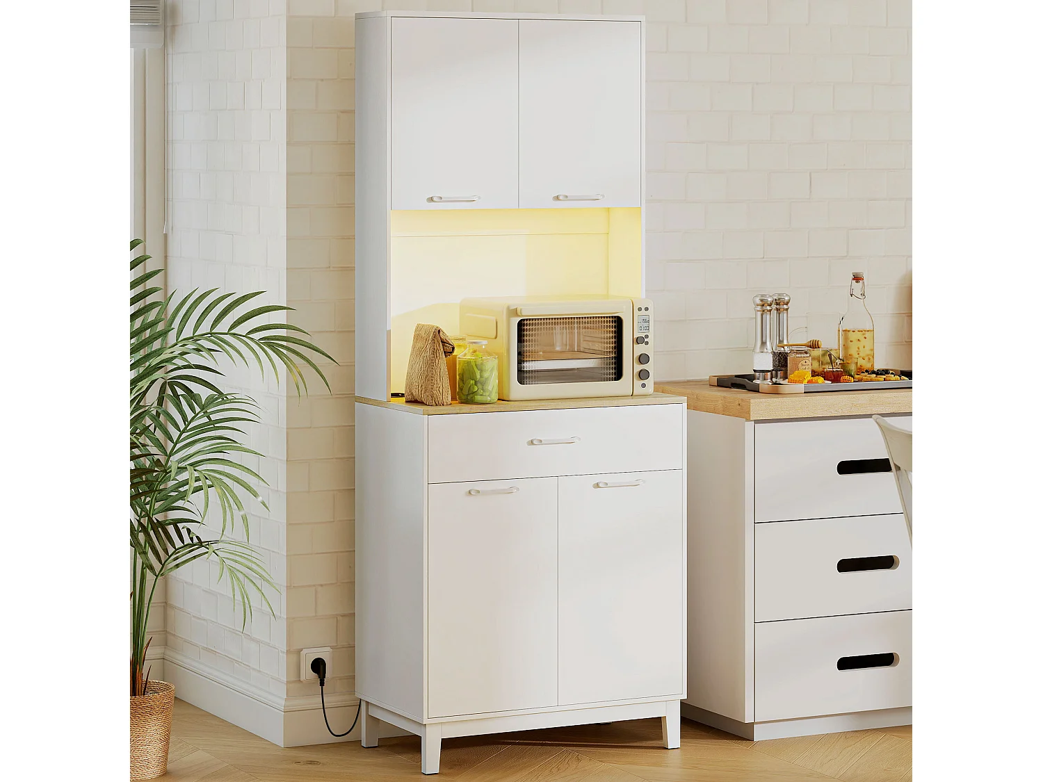 Credenza cucina, mobile dispensa con luci led e stazione di ricarica con usb,