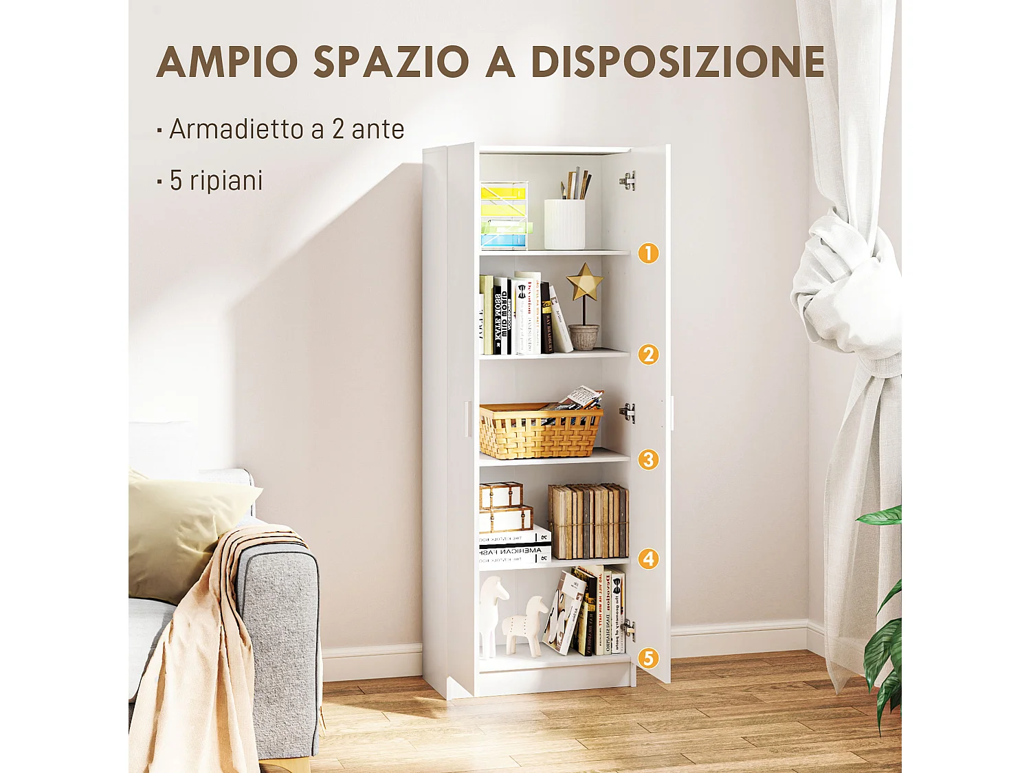 Armadio multiuso con ante battenti 5 ripiani e 3 livelli regolabili