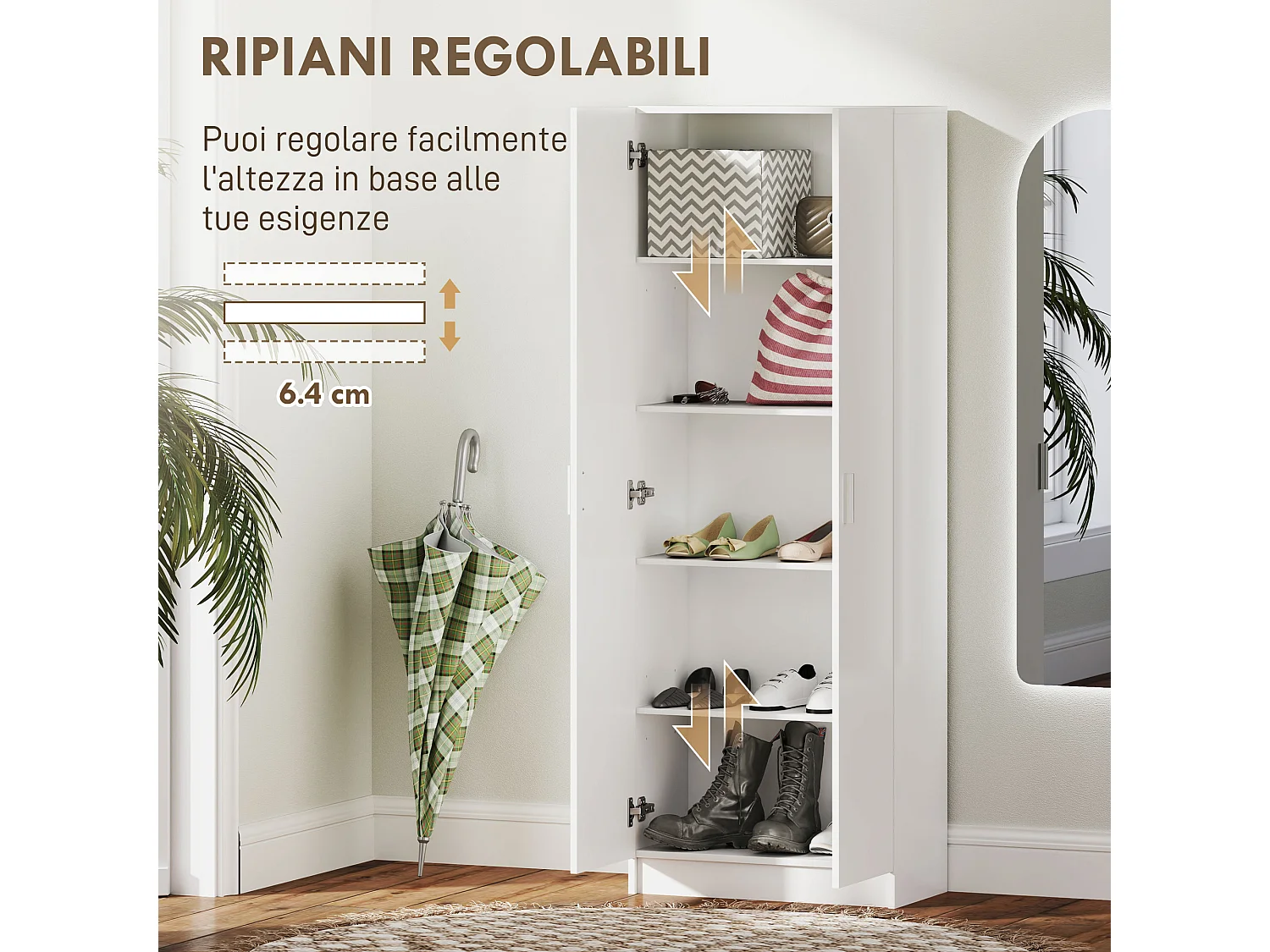 Armadio multiuso con ante battenti 5 ripiani e 3 livelli regolabili