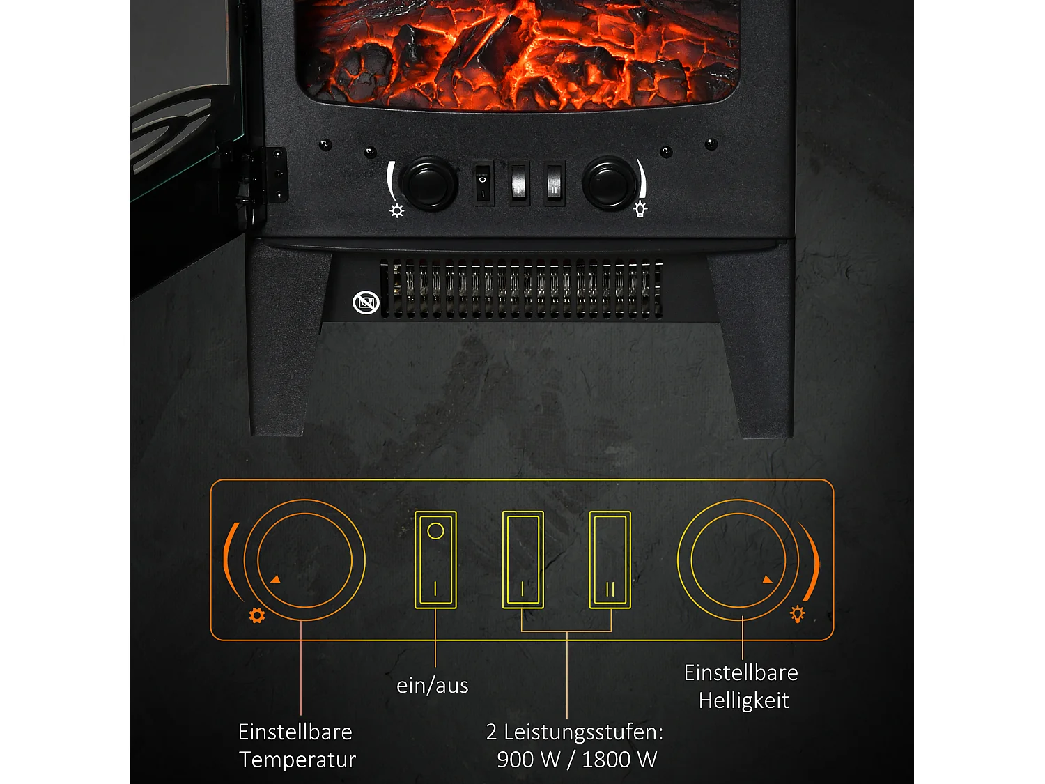 Caminetto elettrico regolabile 900w-1800w effetto fiamma led