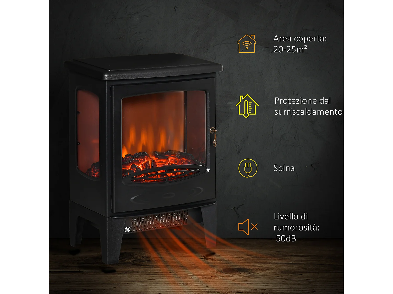 Caminetto elettrico regolabile 900w-1800w effetto fiamma led