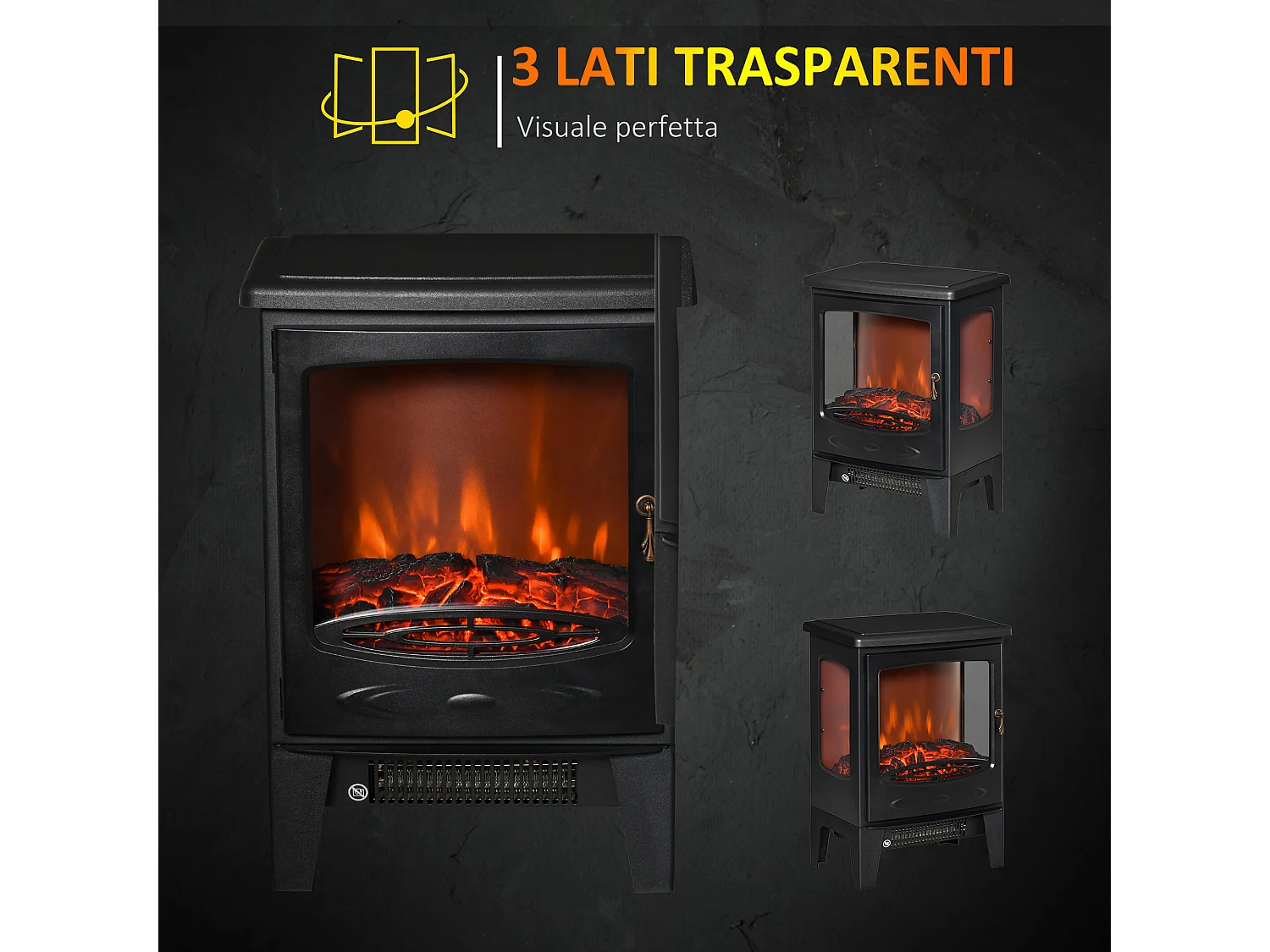 Caminetto elettrico regolabile 900w-1800w effetto fiamma led