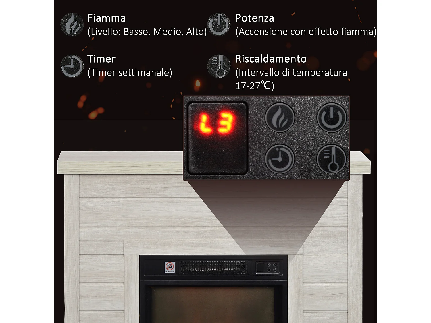 Camino elettrico 1800w con effetto fiamma a 3 intensità grigio chiaro